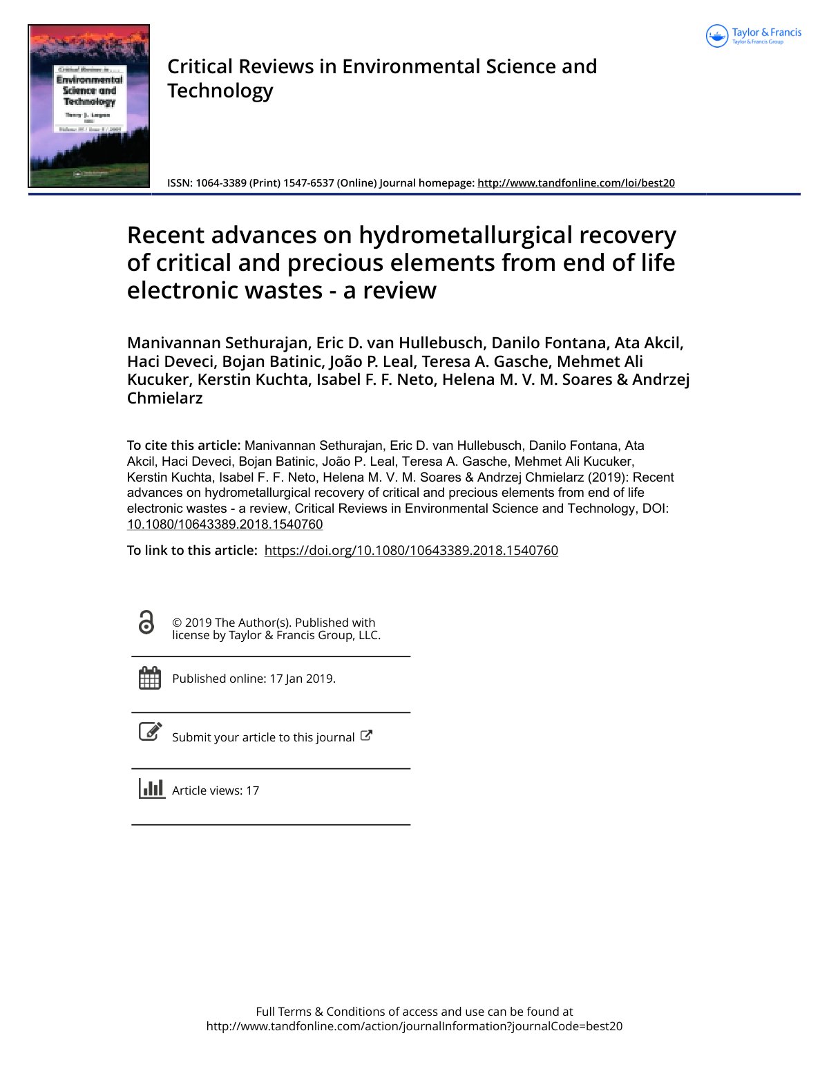 First page of Recent advances on hydrometallurgical recovery of critical and precious elements from end of life electronic wastes - a review