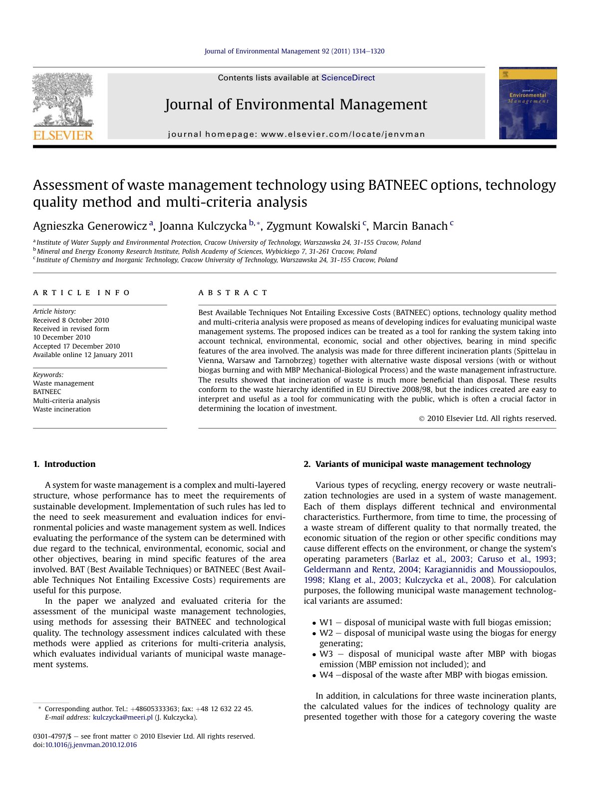 First page of Assessment of waste management technolog