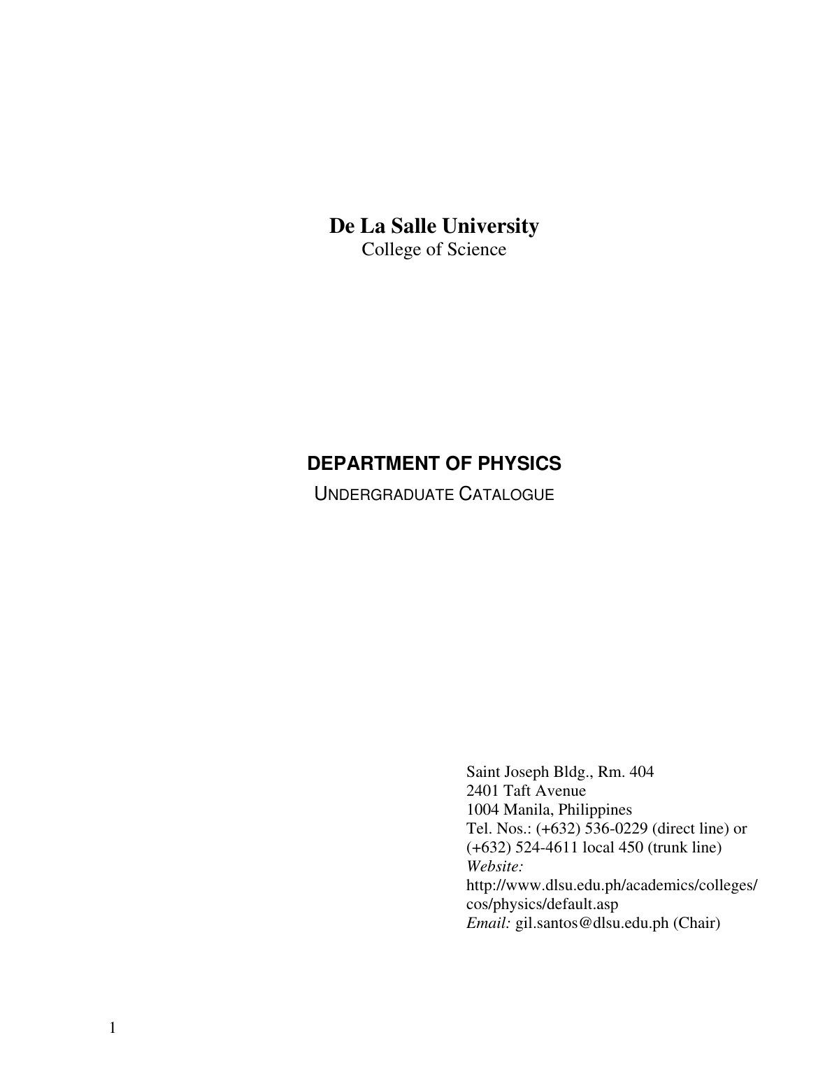 First page of DEPARTMENT OF PHYSICS UNDERGRADUATE CATALOGUE
