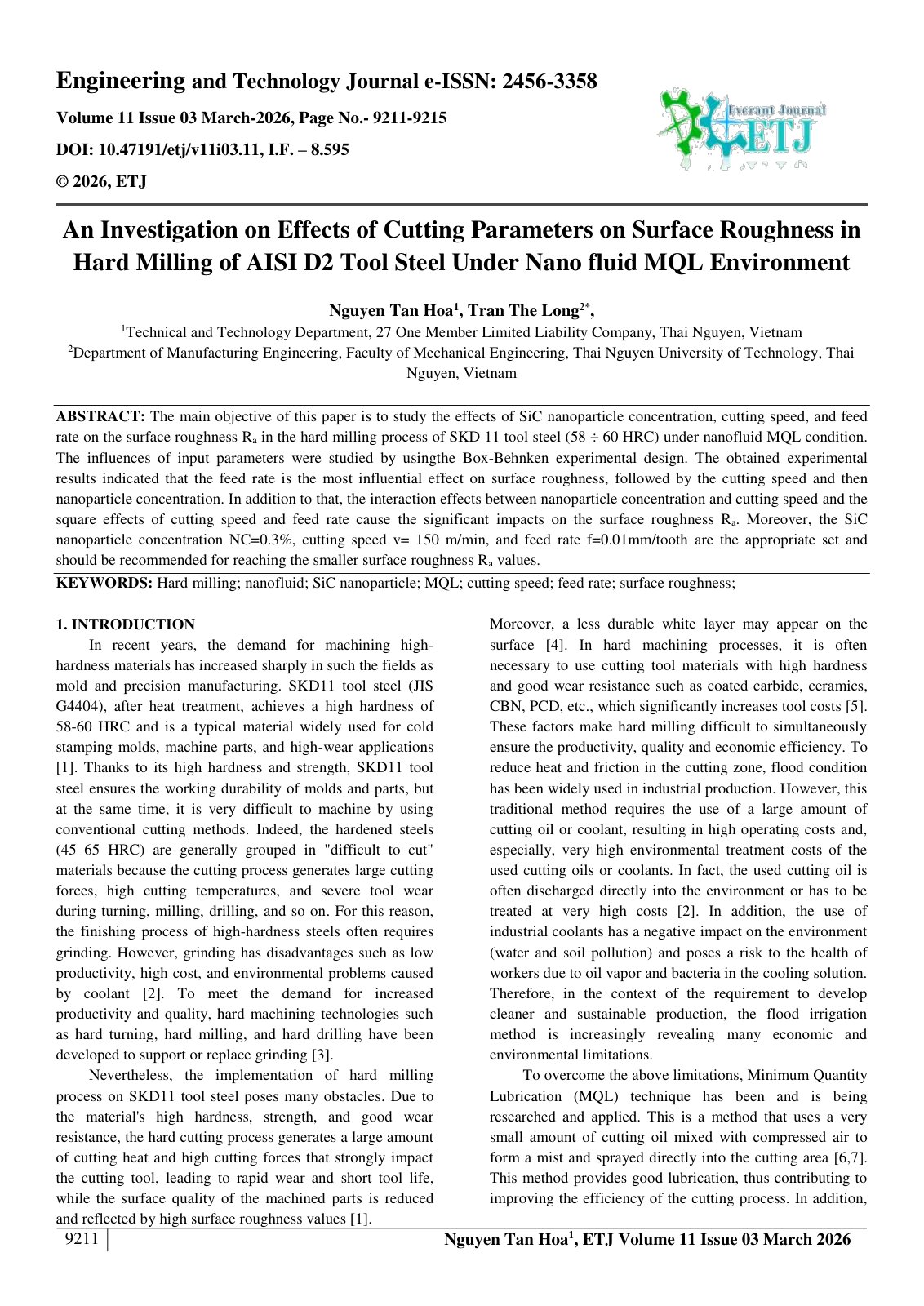 First page of An Investigation on Effects of Cutting Parameters on Surface Roughness in  Hard Milling of AISI D2 Tool Steel Under Nano fluid MQL Environment