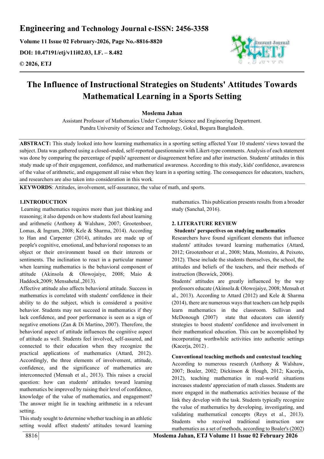 First page of The Influence of Instructional Strategies on Students' Attitudes Towards  Mathematical Learning in a Sports Setting