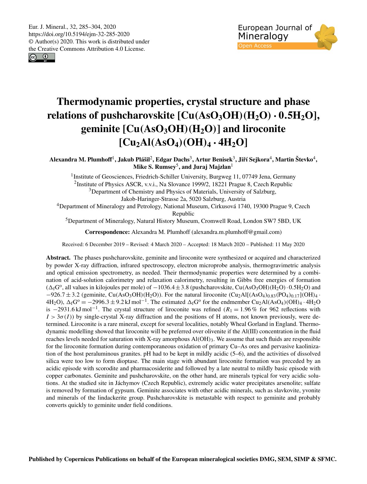 First page of Thermodynamic properties, crystal structure and phase relations of pushcharovskite [Cu(AsO3OH)( H2O) · 0.5H2O], geminite [Cu (AsO3OH)( H2O)] and liroconite [Cu2Al(AsO4)( OH)4 · 4H2O]