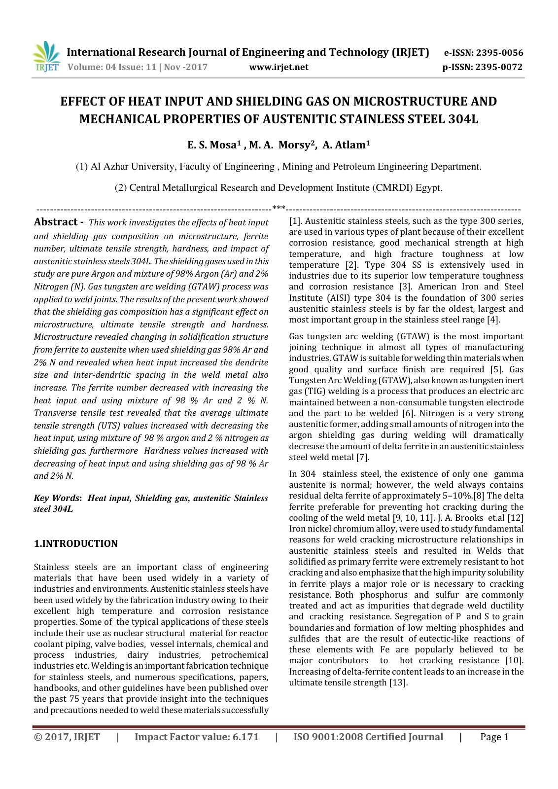 First page of EFFECT OF HEAT INPUT AND SHIELDING GAS ON MICROSTRUCTURE AND MECHANICAL PROPERTIES OF AUSTENITIC STAINLESS STEEL 304L