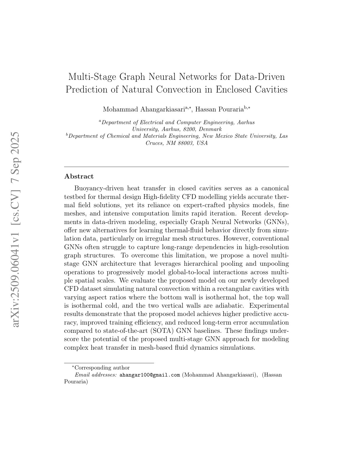 First page of Multi-Stage Graph Neural Networks for Data-Driven Prediction of Natural Convection in Enclosed Cavities