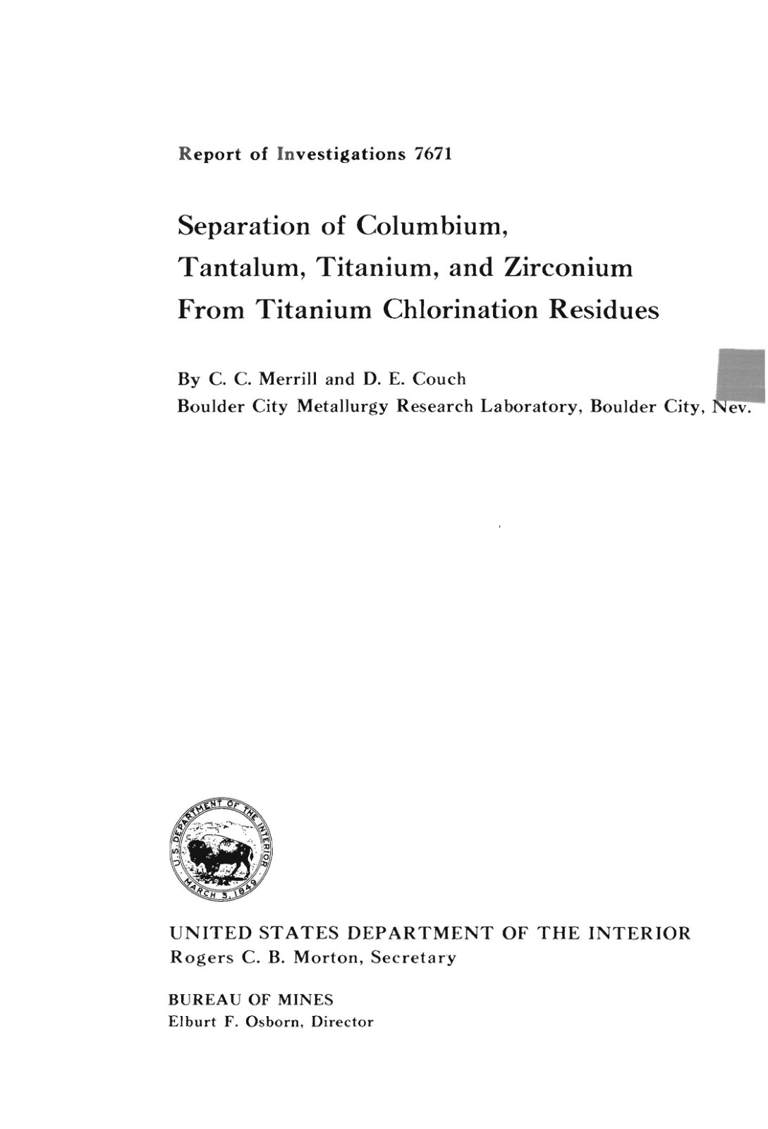 First page of Separation of Columbium, Tantalum, Titanium, and Zirconium From Titanium Chlorination Residues