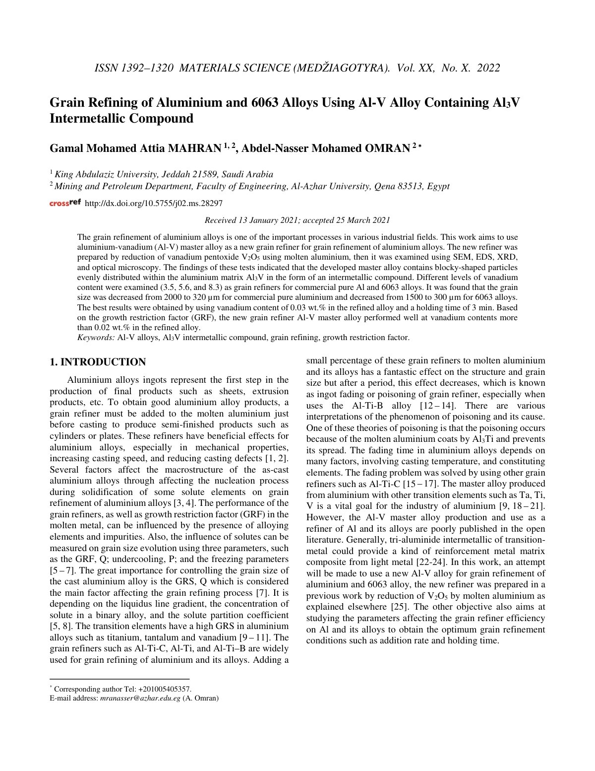 First page of Grain Refining of Aluminium and 6063 All
