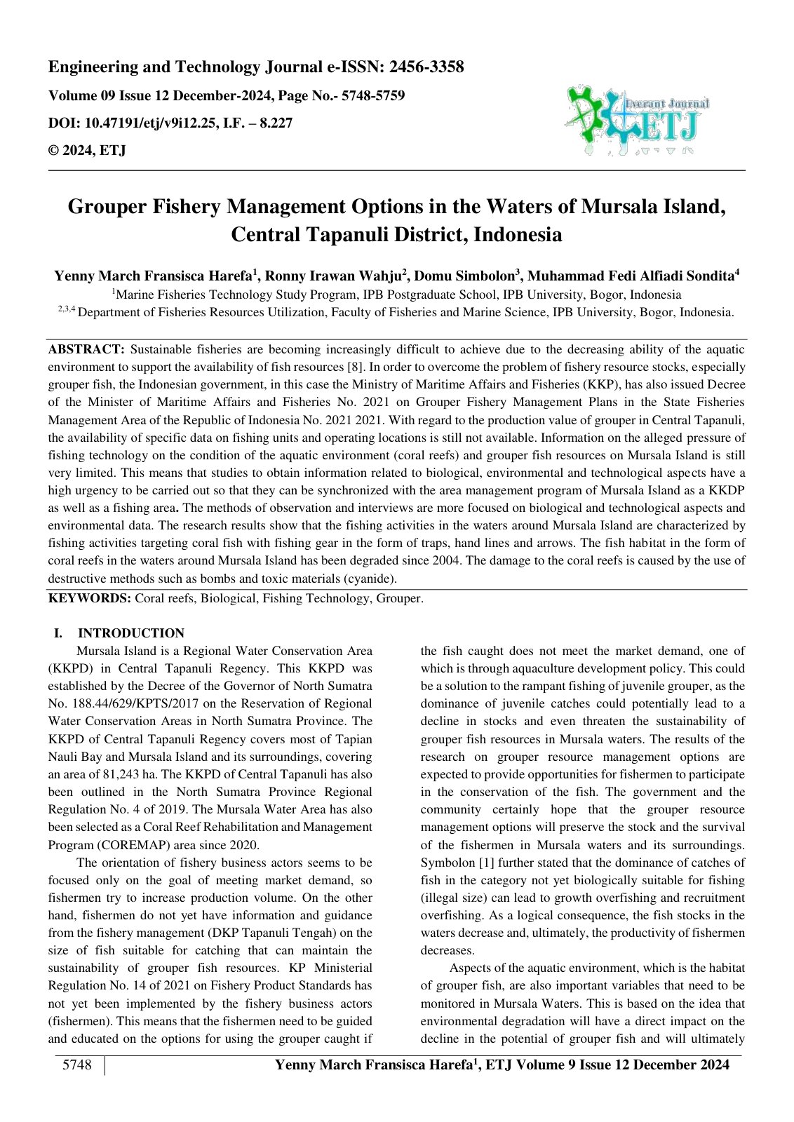 First page of Grouper Fishery Management Options in the Waters of Mursala Island, 