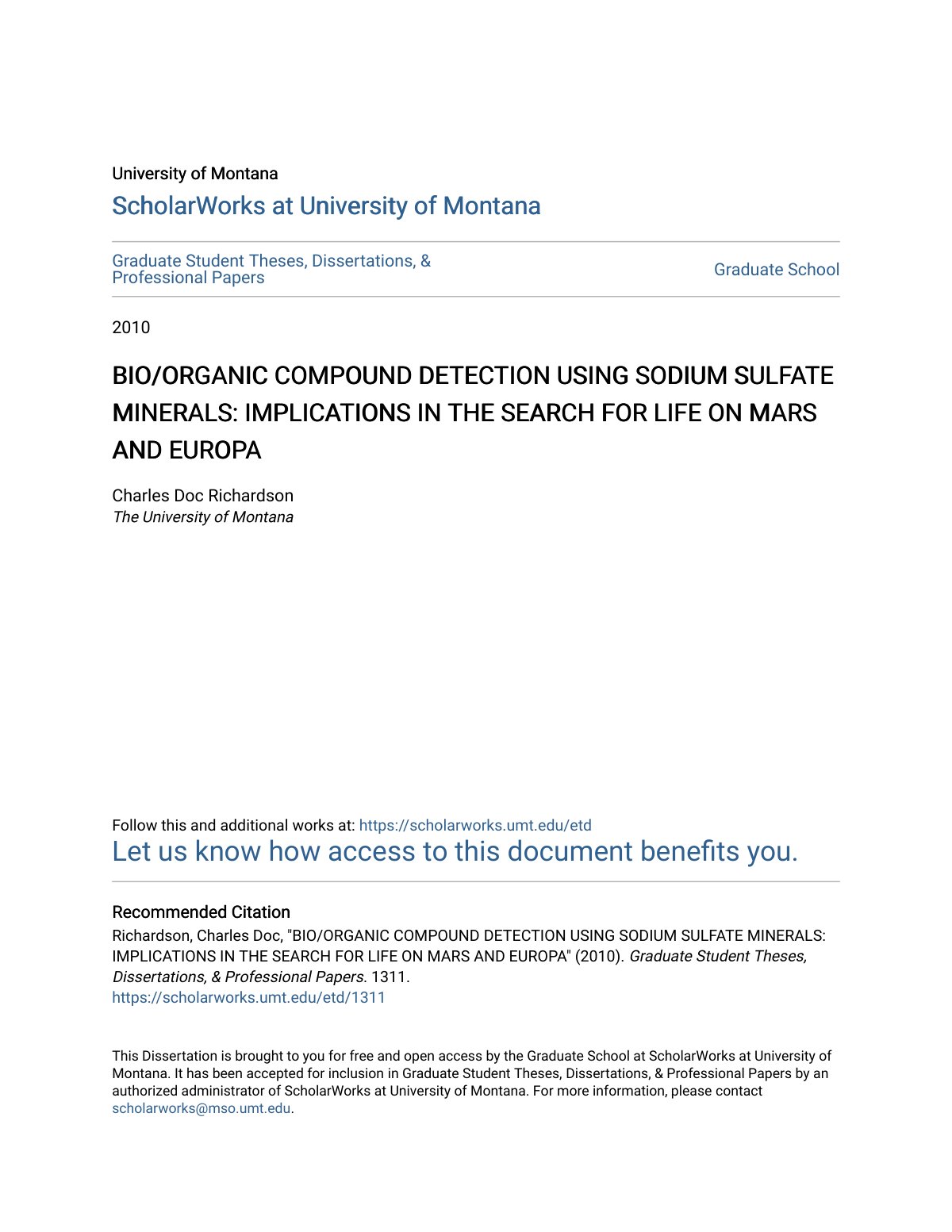 First page of BIO/ORGANIC COMPOUND DETECTION USING SODIUM SULFATE MINERALS: IMPLICATIONS IN THE SEARCH FOR LIFE ON MARS AND EUROPA