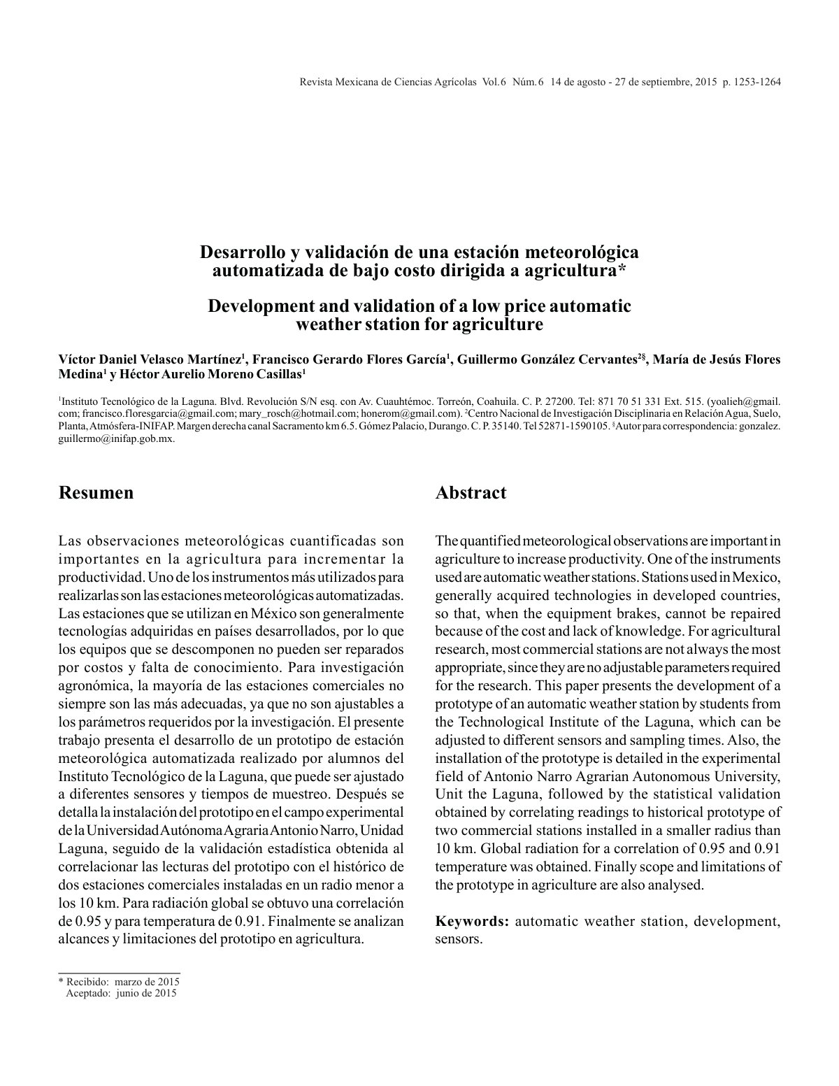 First page of Desarrollo y validación de una estación meteorológica automatizada de bajo costo dirigida a agricultura