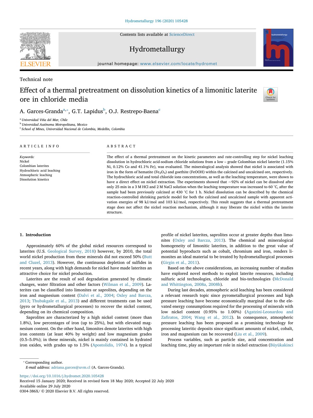 First page of Effect of a thermal pretreatment on dissolution kinetics of a limonitic laterite ore in chloride media