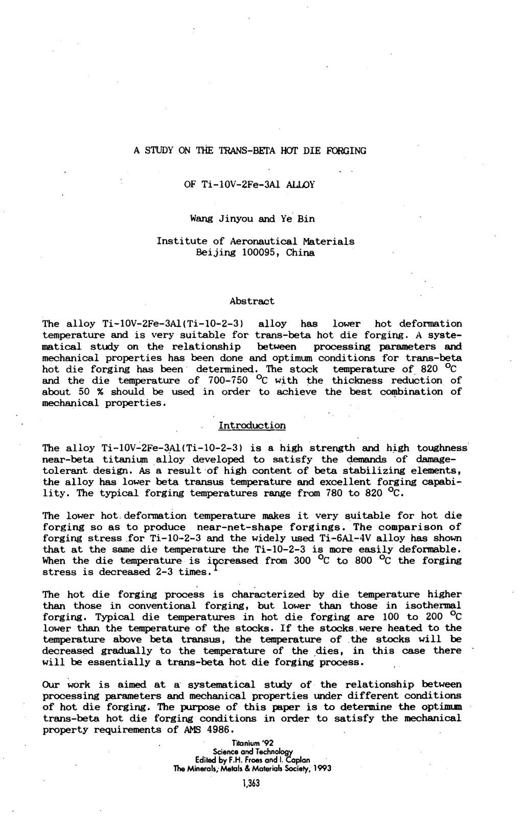 First page of A SWDY ON THE TRANS-BIITA HCYI' DIE FORGING OF Ti-10V-2Fe-3Al ALLOY