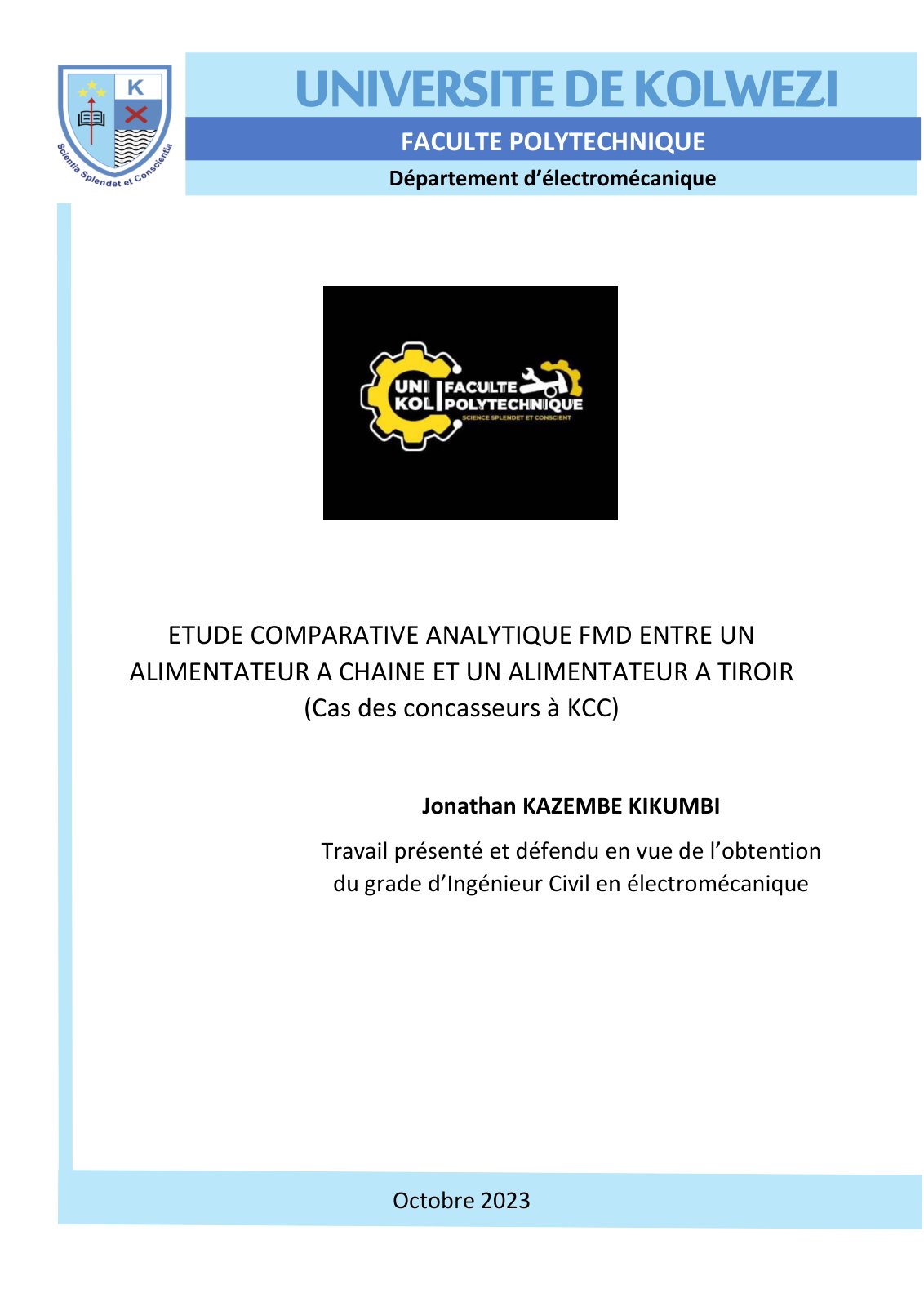 First page of memoire Ir Jonathan KAZEMBE KIKUMBI, Grade II ELM