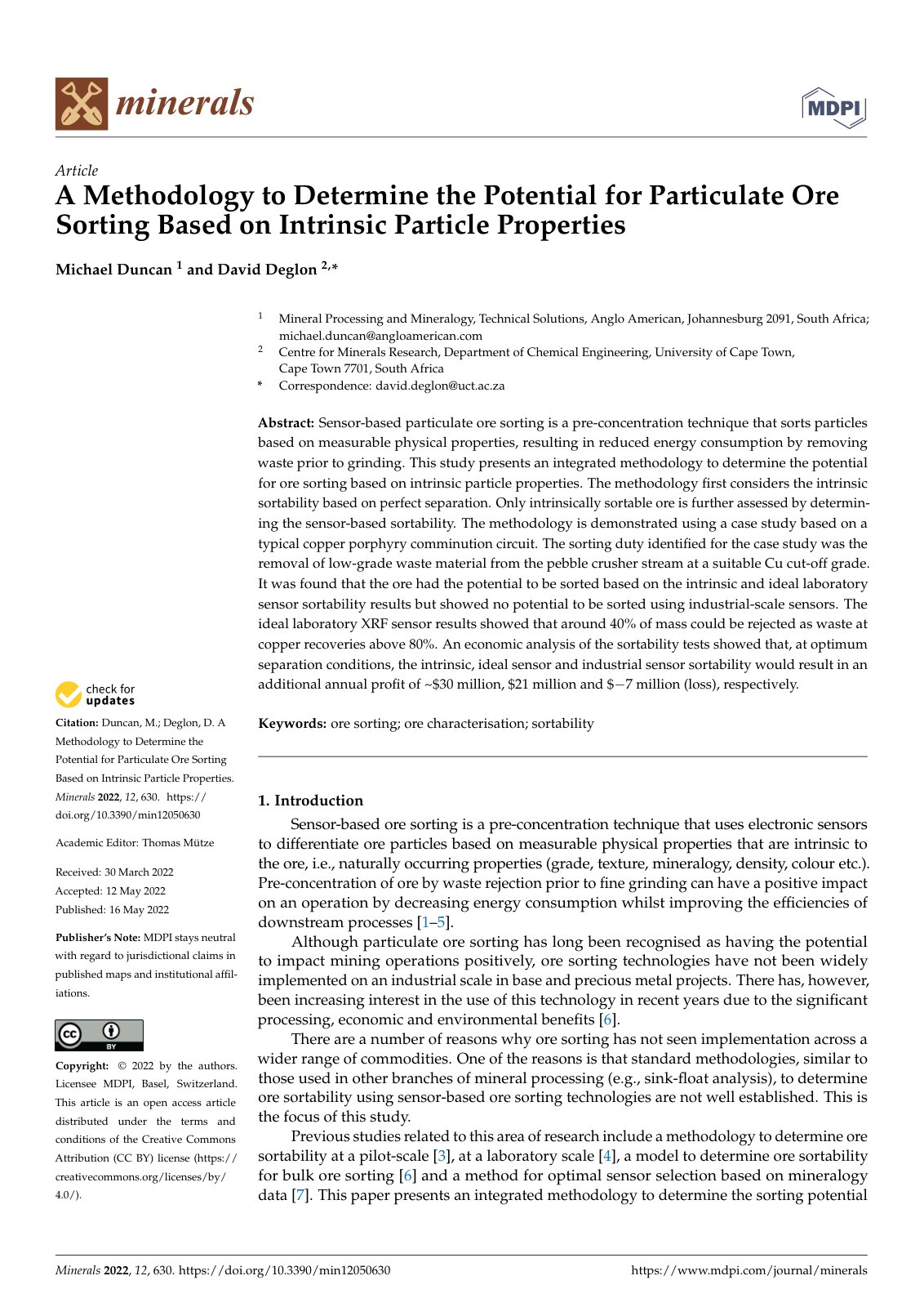 First page of A Methodology to Determine the Potential for Particulate Ore Sorting Based on Intrinsic Particle Properties