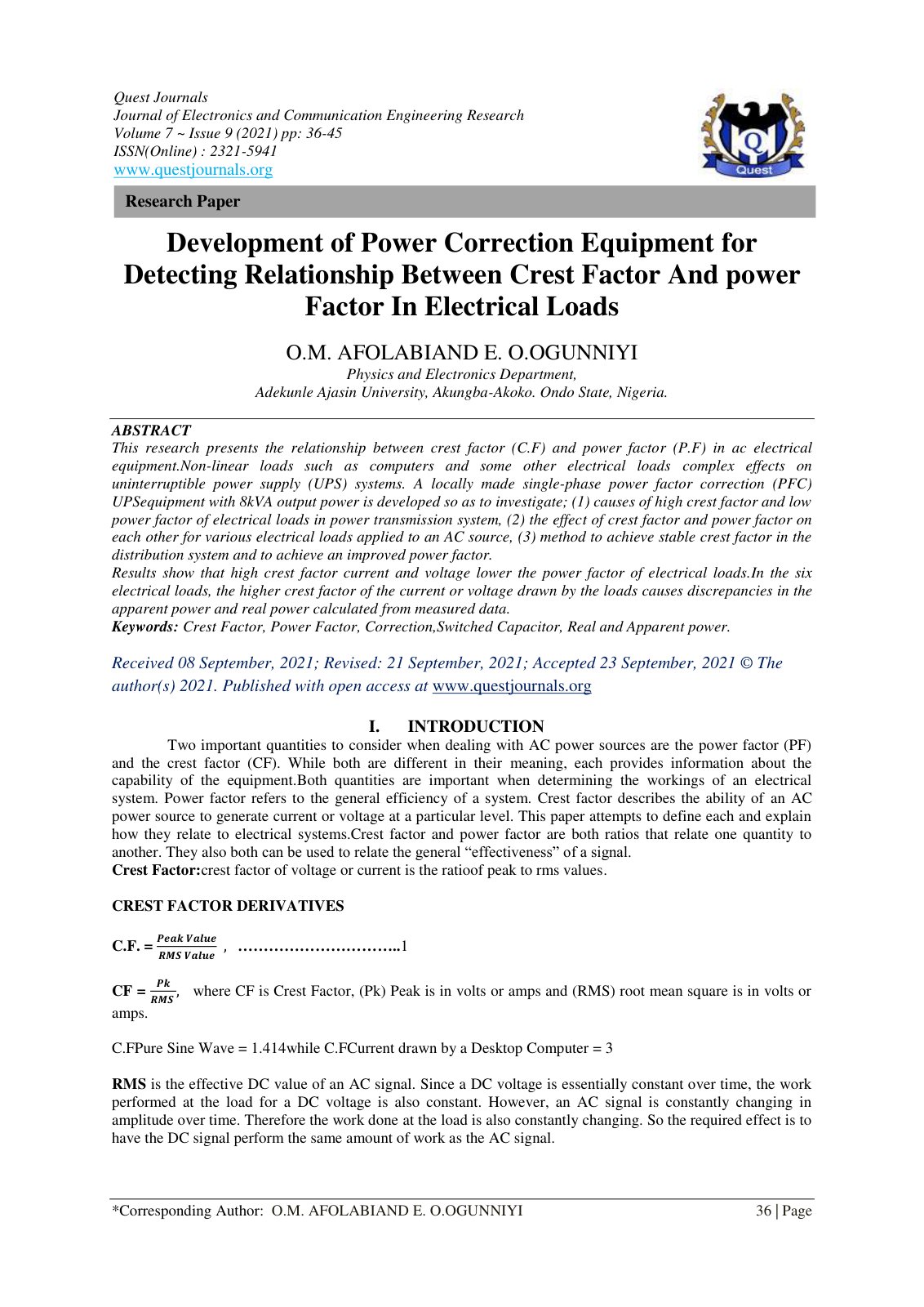 First page of Development of Power Correction Equipmen
