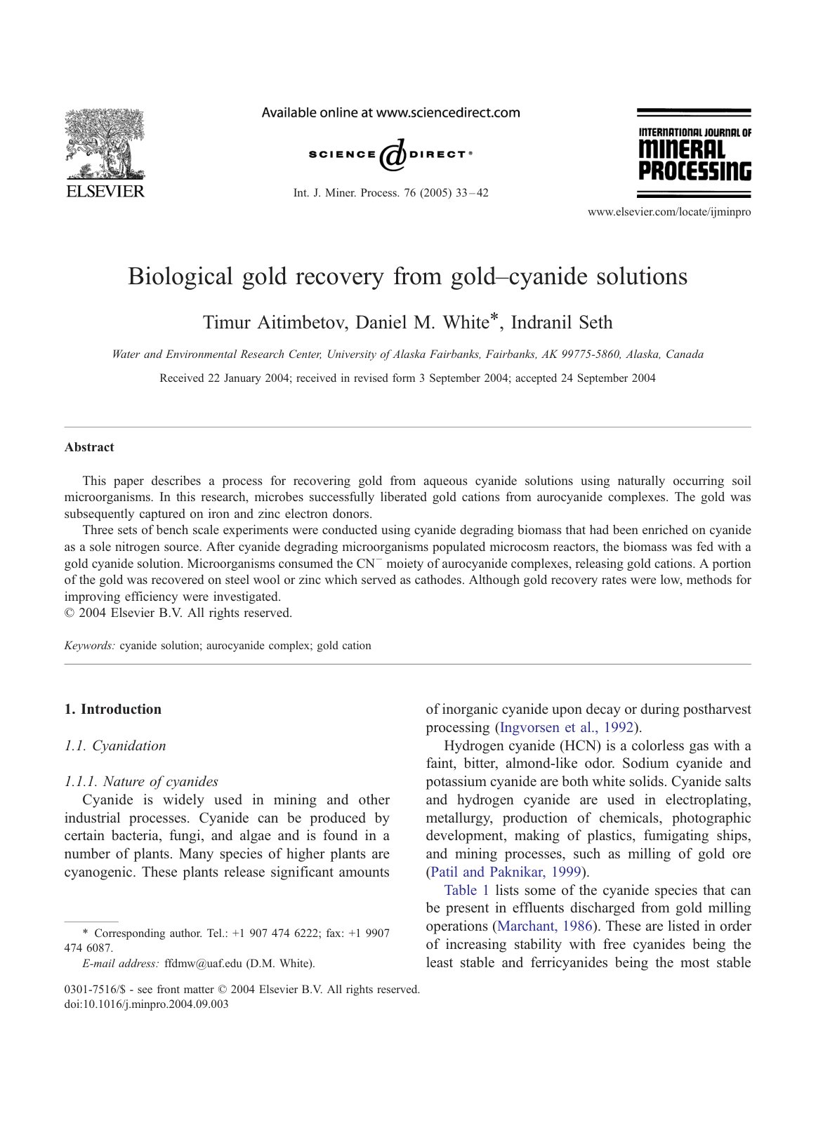 First page of Biological gold recovery from gold cyani