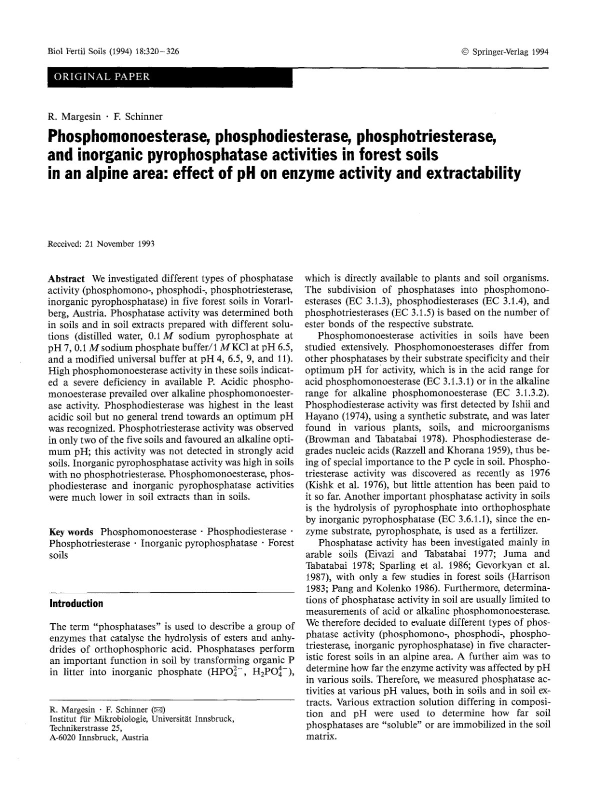 First page of Phosphomonoesterase, phosphodiesterase, phosphotriesterase, and inorganic pyrophosphatase activities in forest soils in an alpine area: effect of pH on enzyme activity and extractability