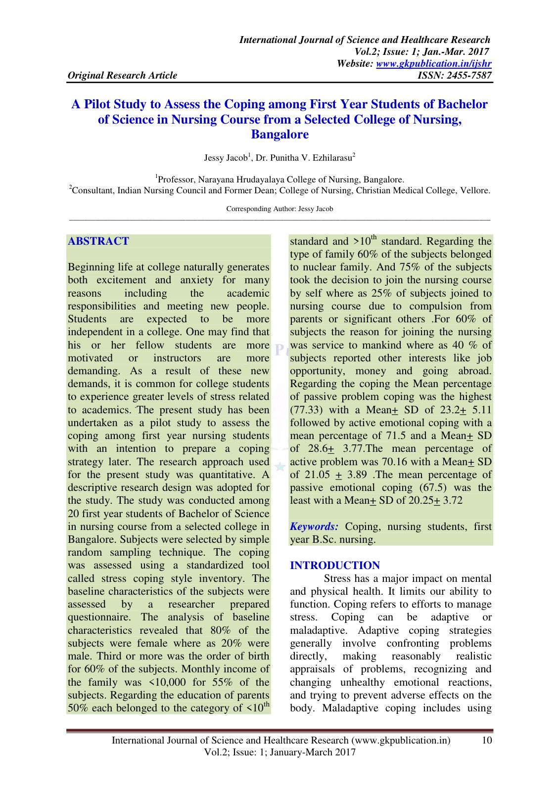 First page of A Pilot Study to Assess the Coping among First Year Students of Bachelor of Science in Nursing Course from a Selected College of Nursing, Bangalore