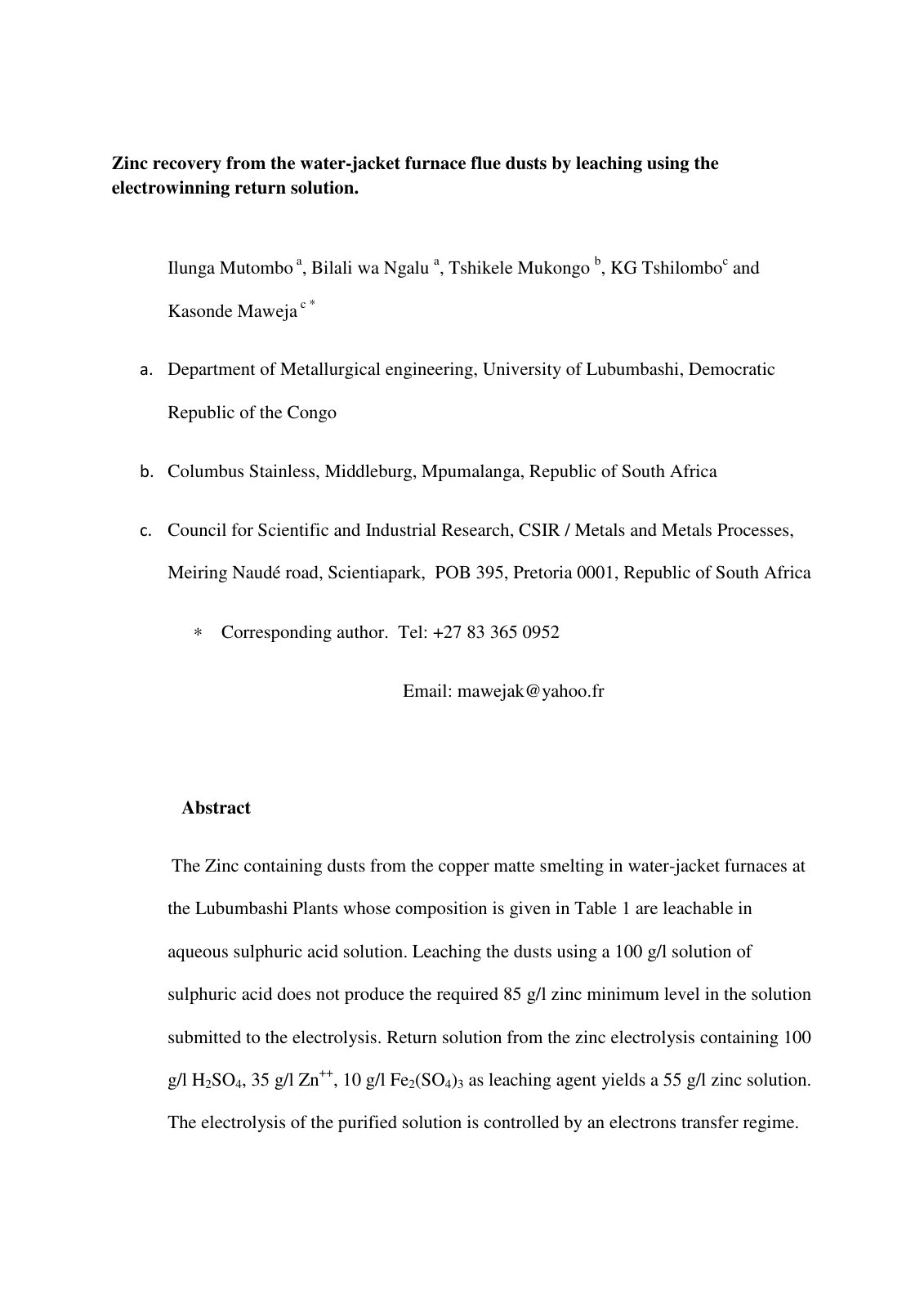 First page of Zinc recovery from the water jacket furn