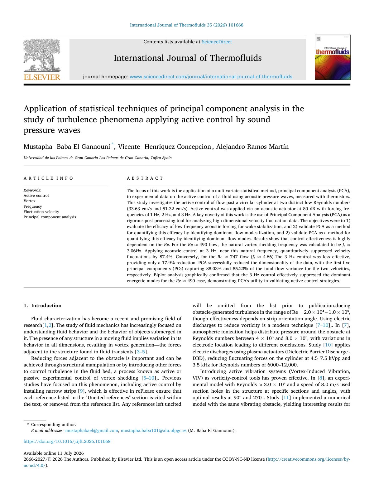 First page of Application of statistical techniques of principal component analysis in the study of turbulence phenomena applying active control by sound pressure waves
