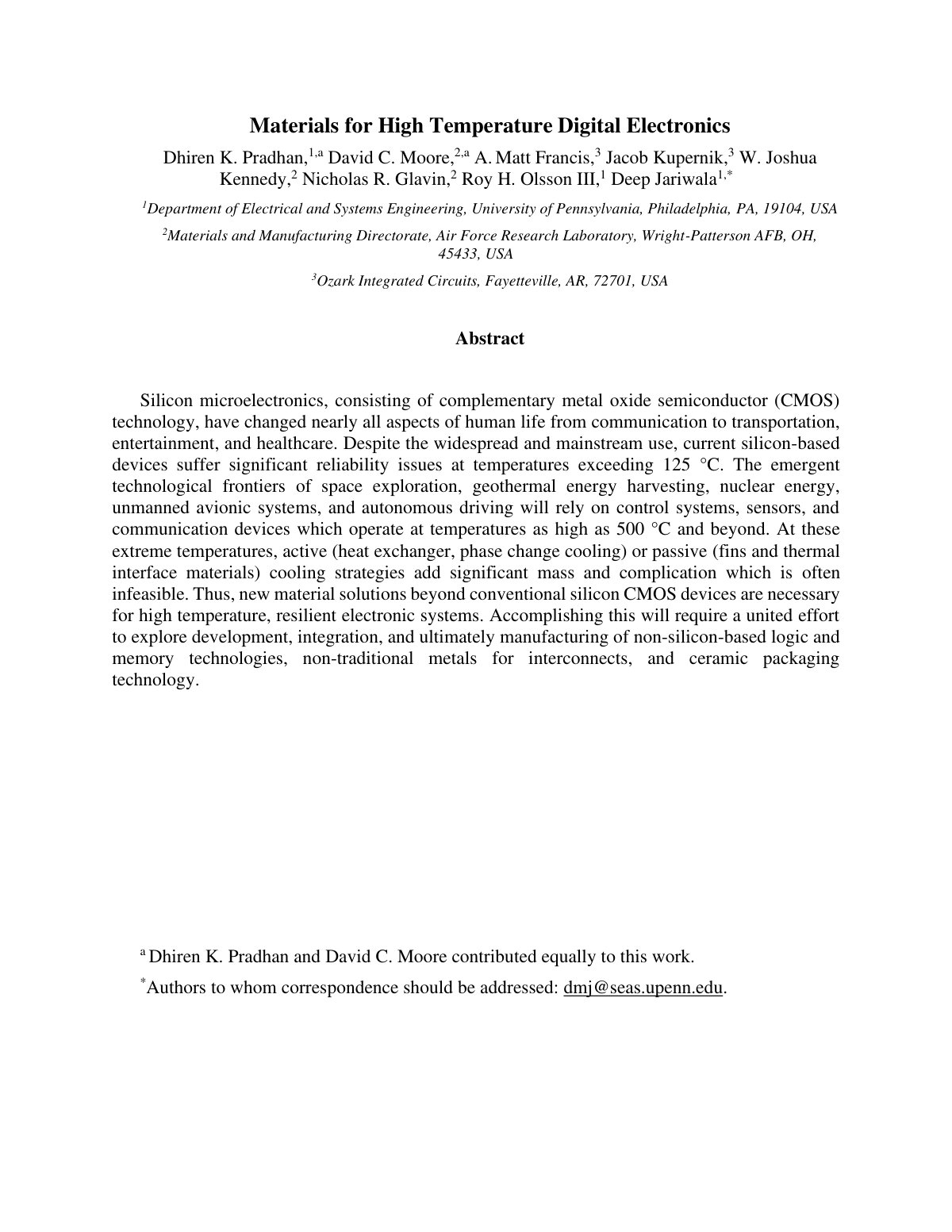 First page of Materials for High Temperature Digital Electronics