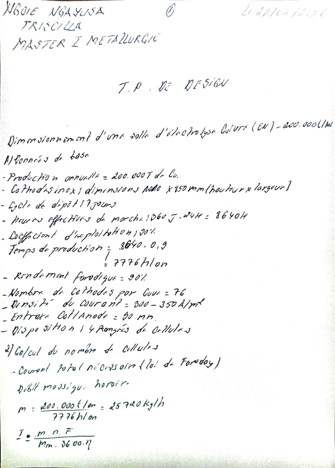 First page of TP design salle d'électrolyse
