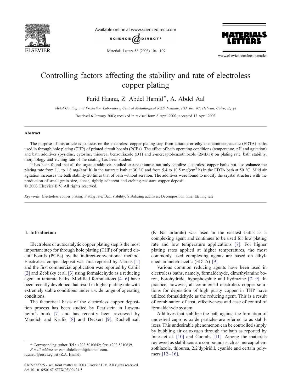 First page of Controlling factors affecting the stability and rate of electroless copper plating
