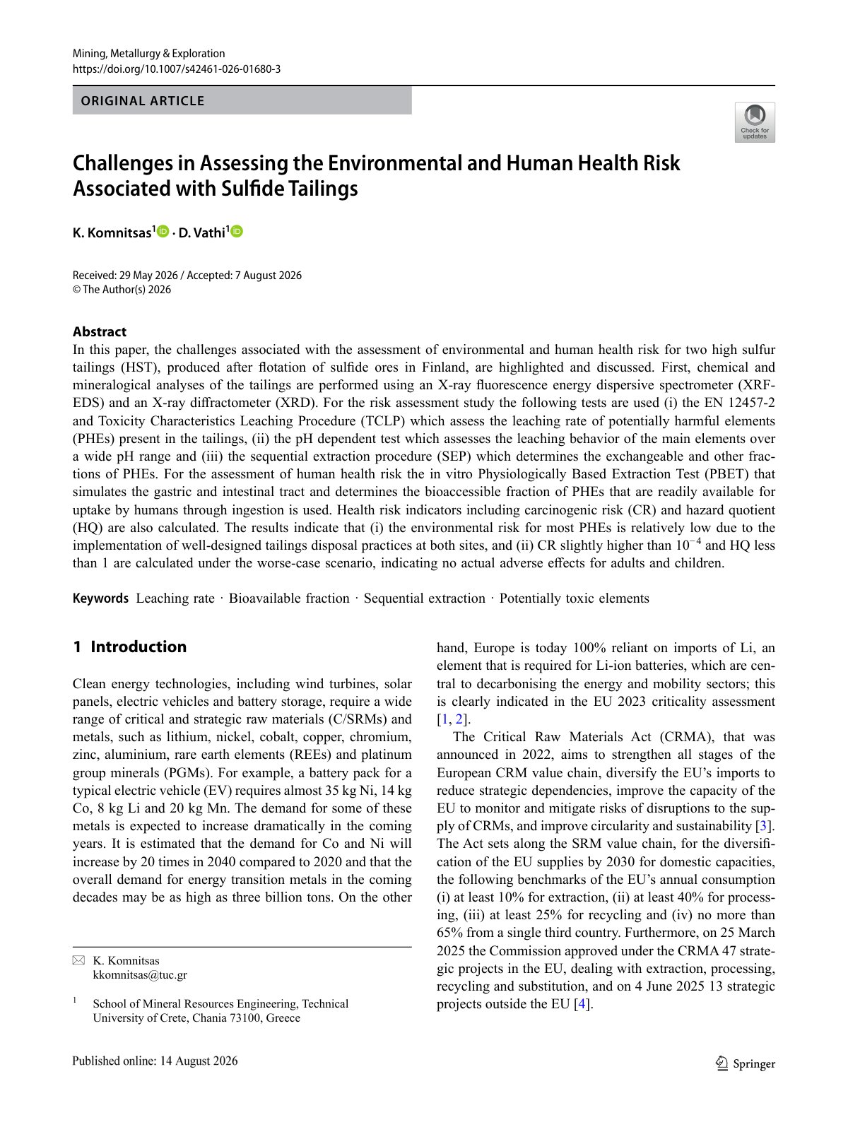 First page of Challenges in Assessing the Environmental and Human Health Risk Associated with Sulfide Tailings