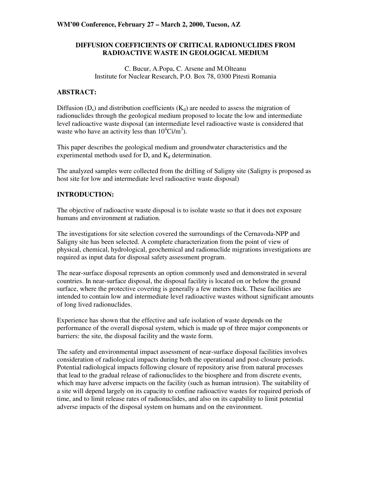 First page of DIFFUSION COEFFICIENTS OF CRITICAL RADIONUCLIDES FROM RADIOACTIVE WASTE IN GEOLOGICAL MEDIUM