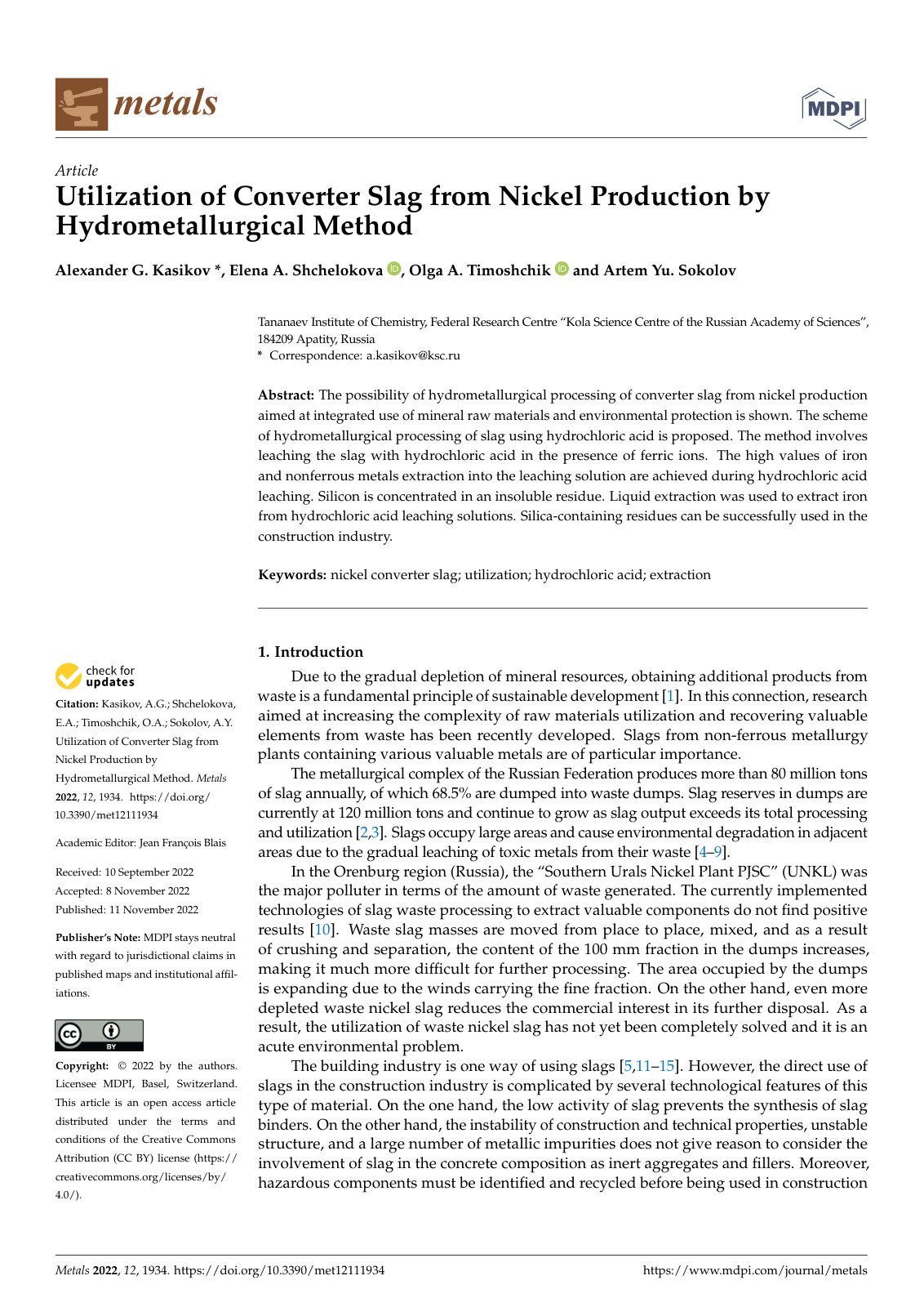 First page of Utilization of Converter Slag from Nickel Production by Hydrometallurgical Method
