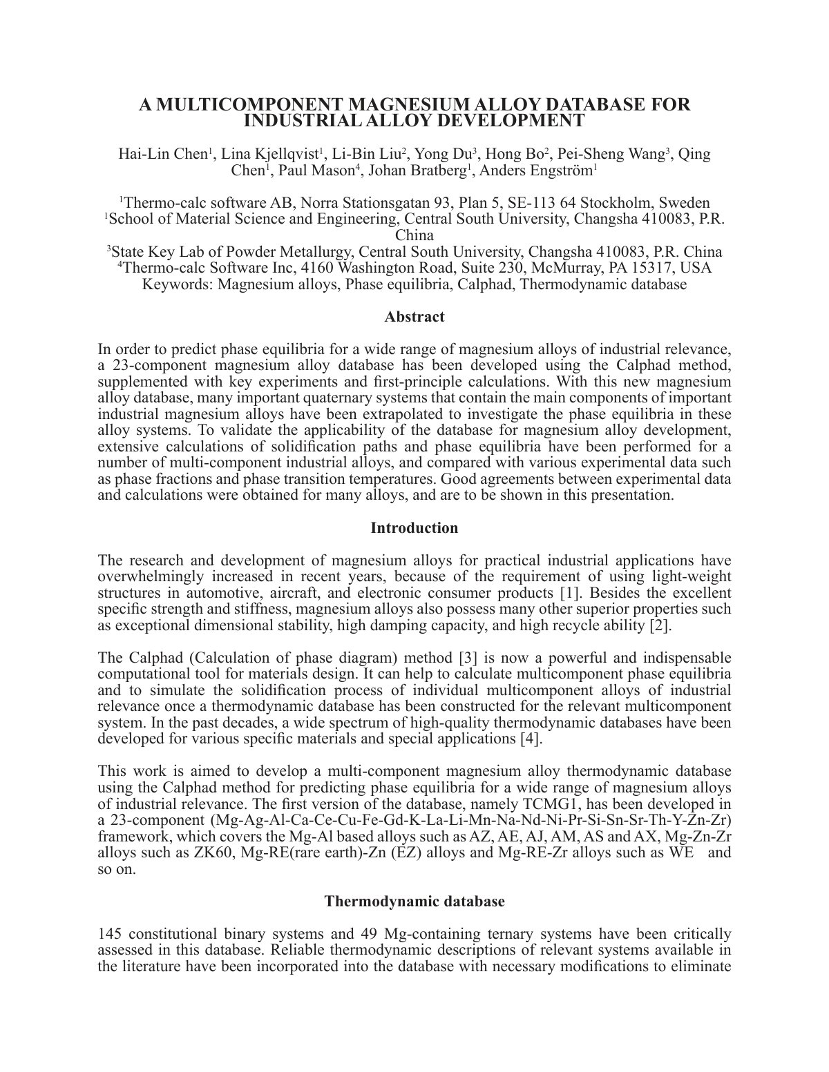 First page of A MULTICOMPONENT MAGNESIUM ALLOY DATABASE FOR INDUSTRIAL ALLOY DEVELOPMENT