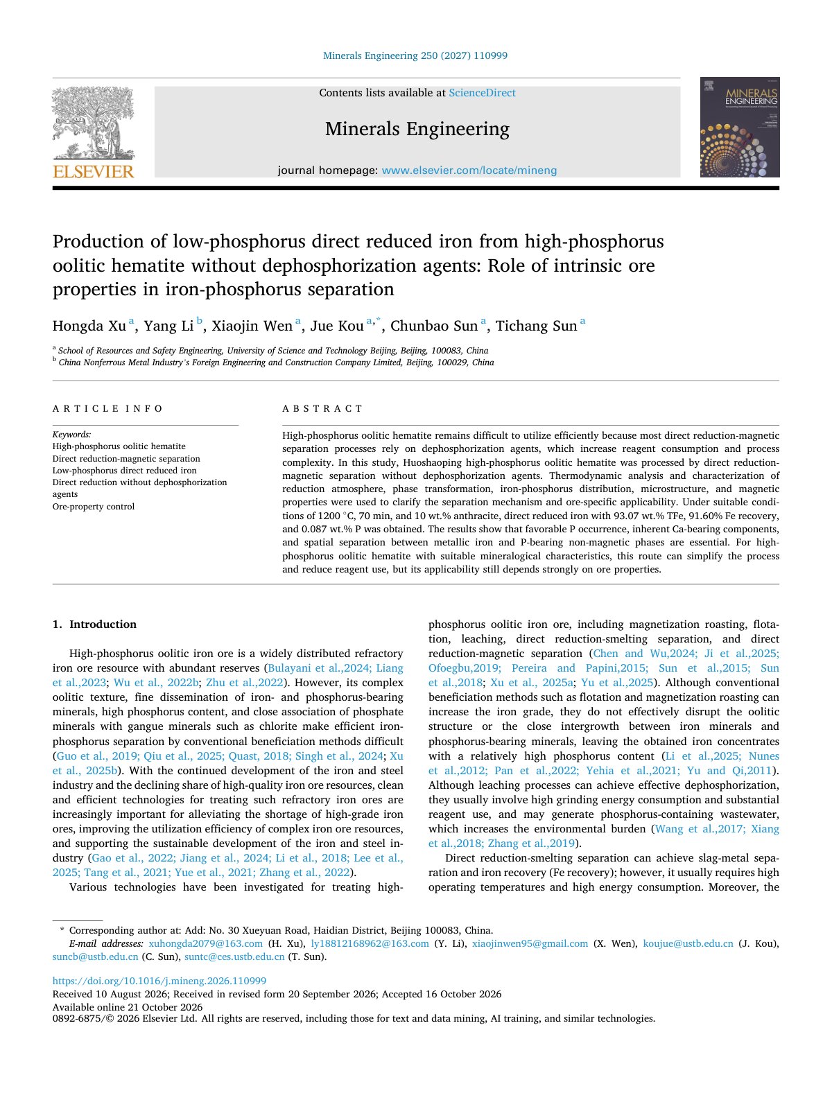 First page of Production of low phosphorus direct reduced iron from high phosp 2027 Minera