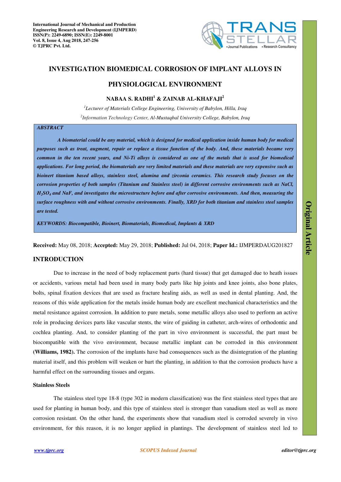 First page of INVESTIGATION BIOMEDICAL CORROSION OF IMPLANT ALLOYS IN PHYSIOLOGICAL ENVIRONMENT