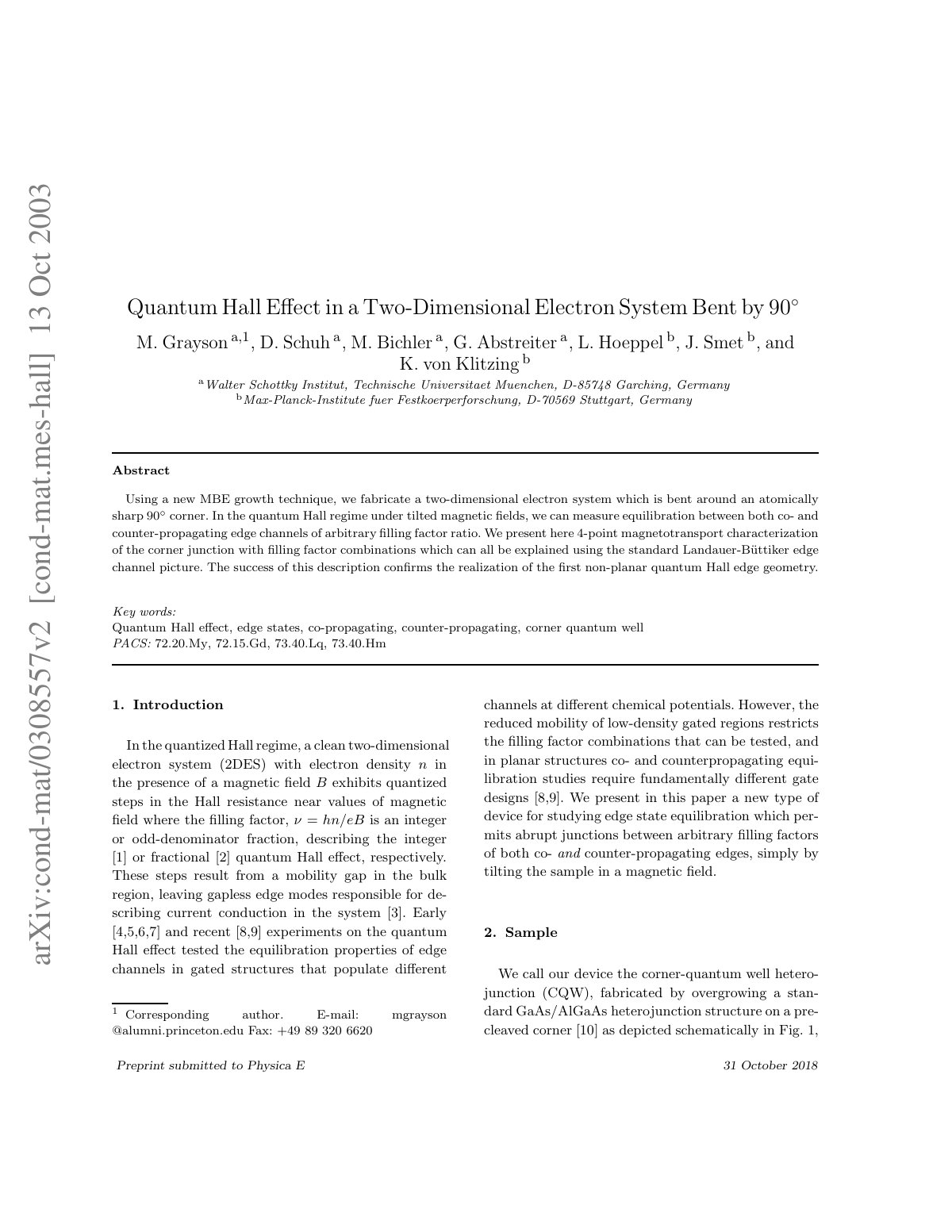 First page of Quantum Hall Eﬀect in a Two-Dimensional Electron System Ben t by 90◦
