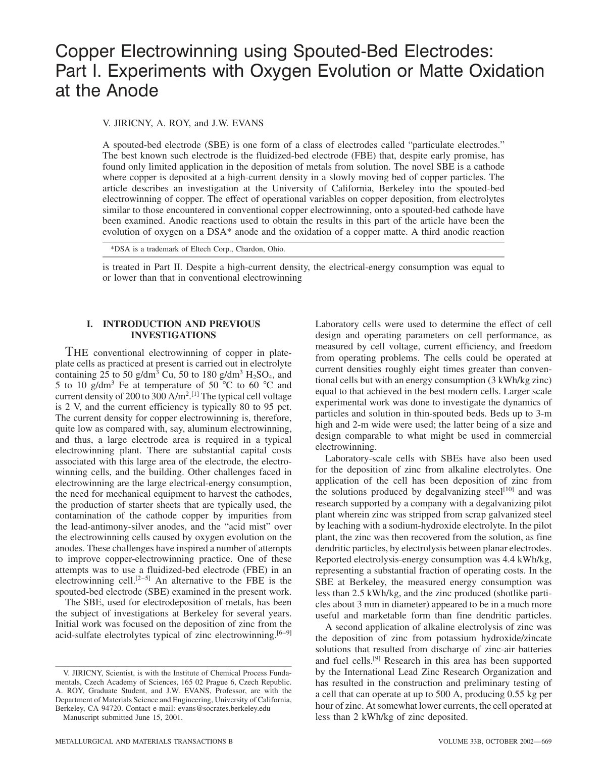 First page of Copper Electrowinning using Spouted Bed