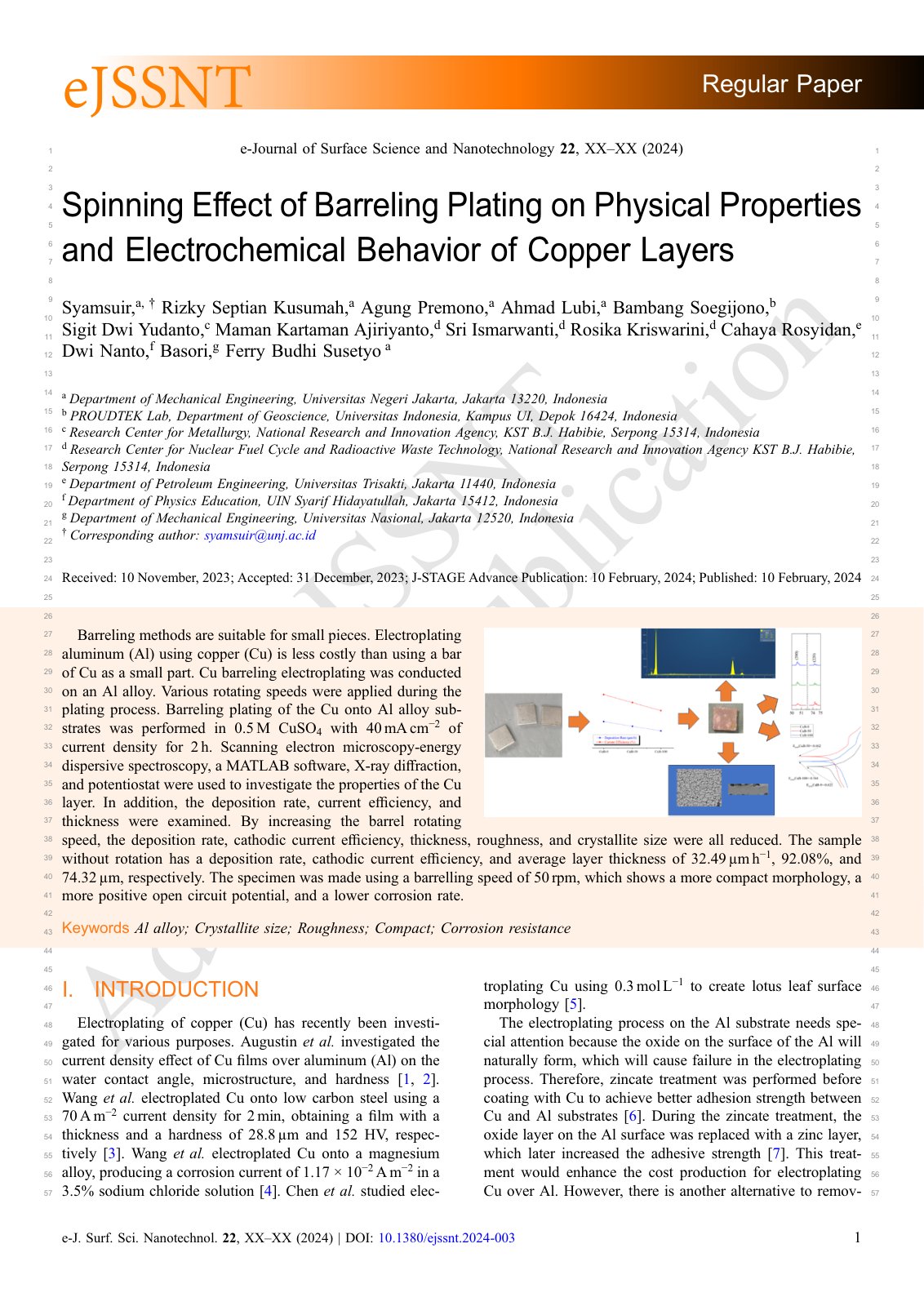 First page of Spinning Eﬀect of Barreling Plating on Physical Properties and Electrochemical Behavior of Copper Layers