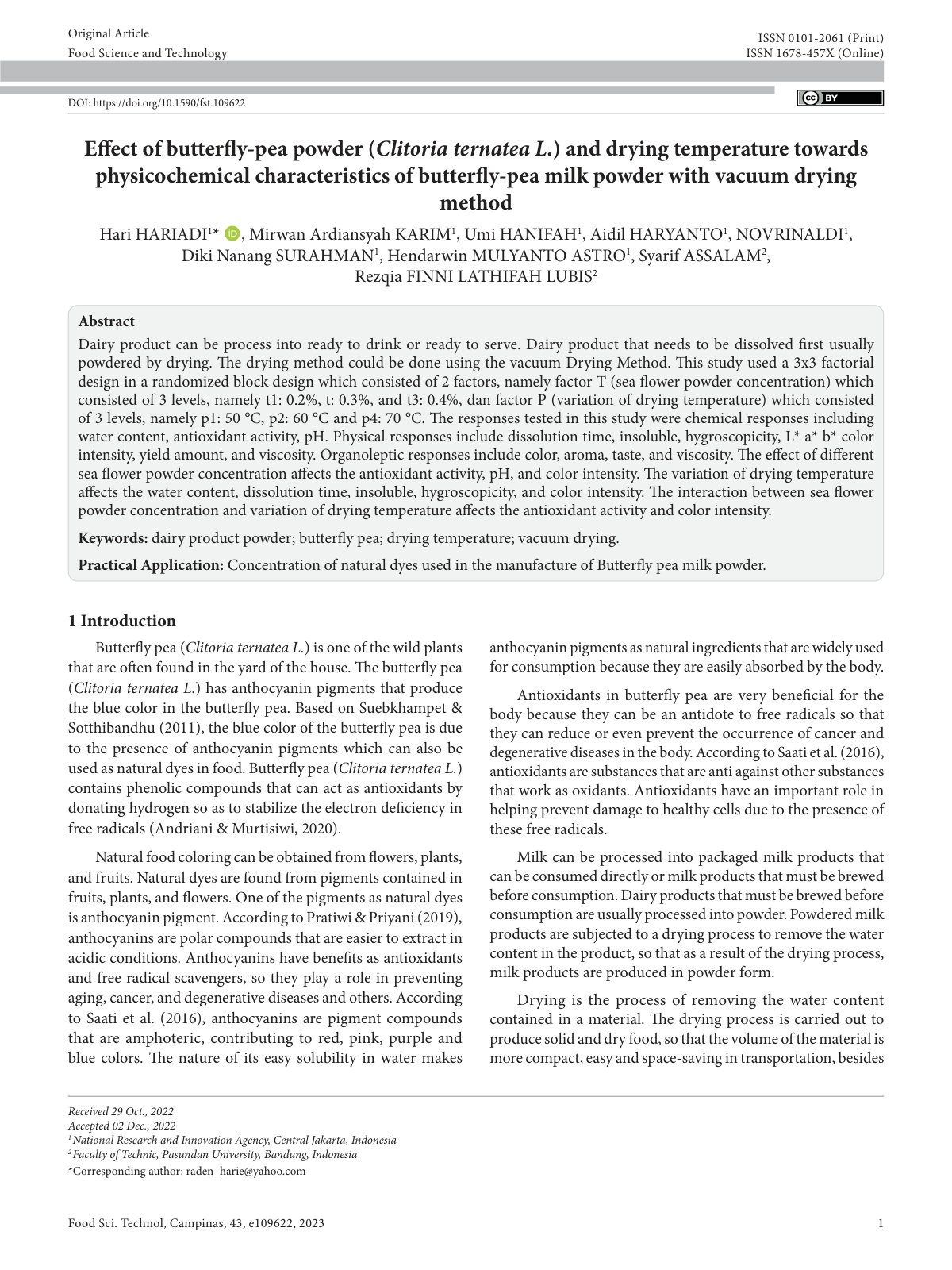 First page of Food Science and Technology