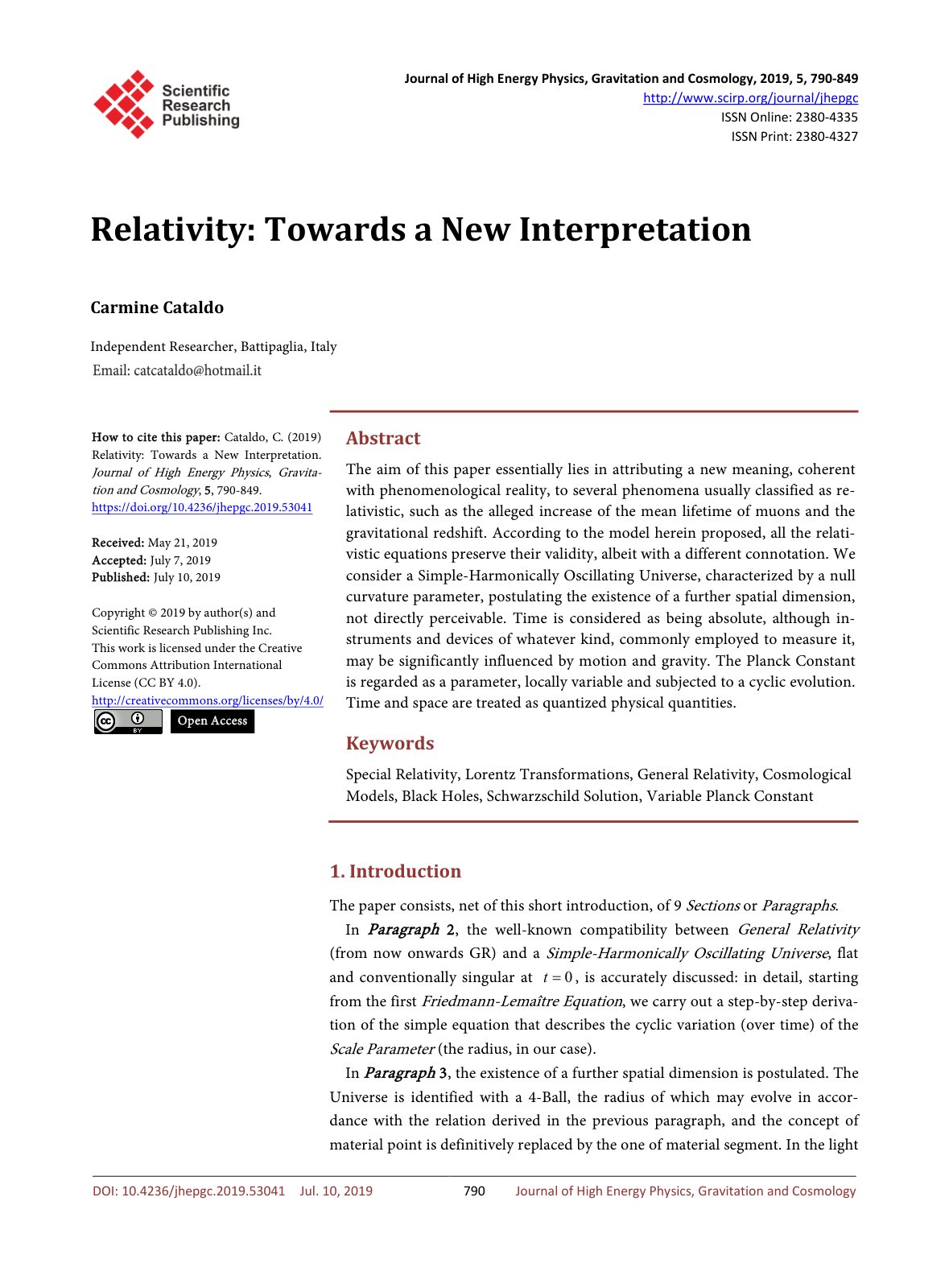 First page of Relativity Towards a New Interpretation