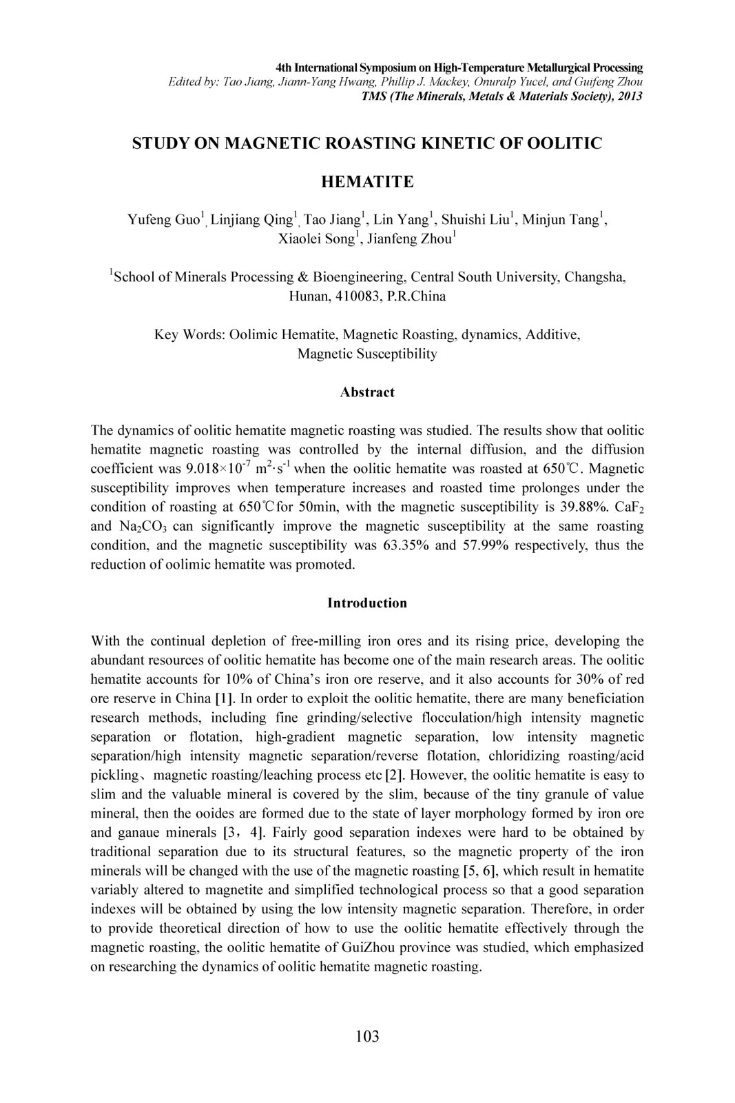 First page of Study on Magnetic Roasting Kinetic of Oolitic Hematite
