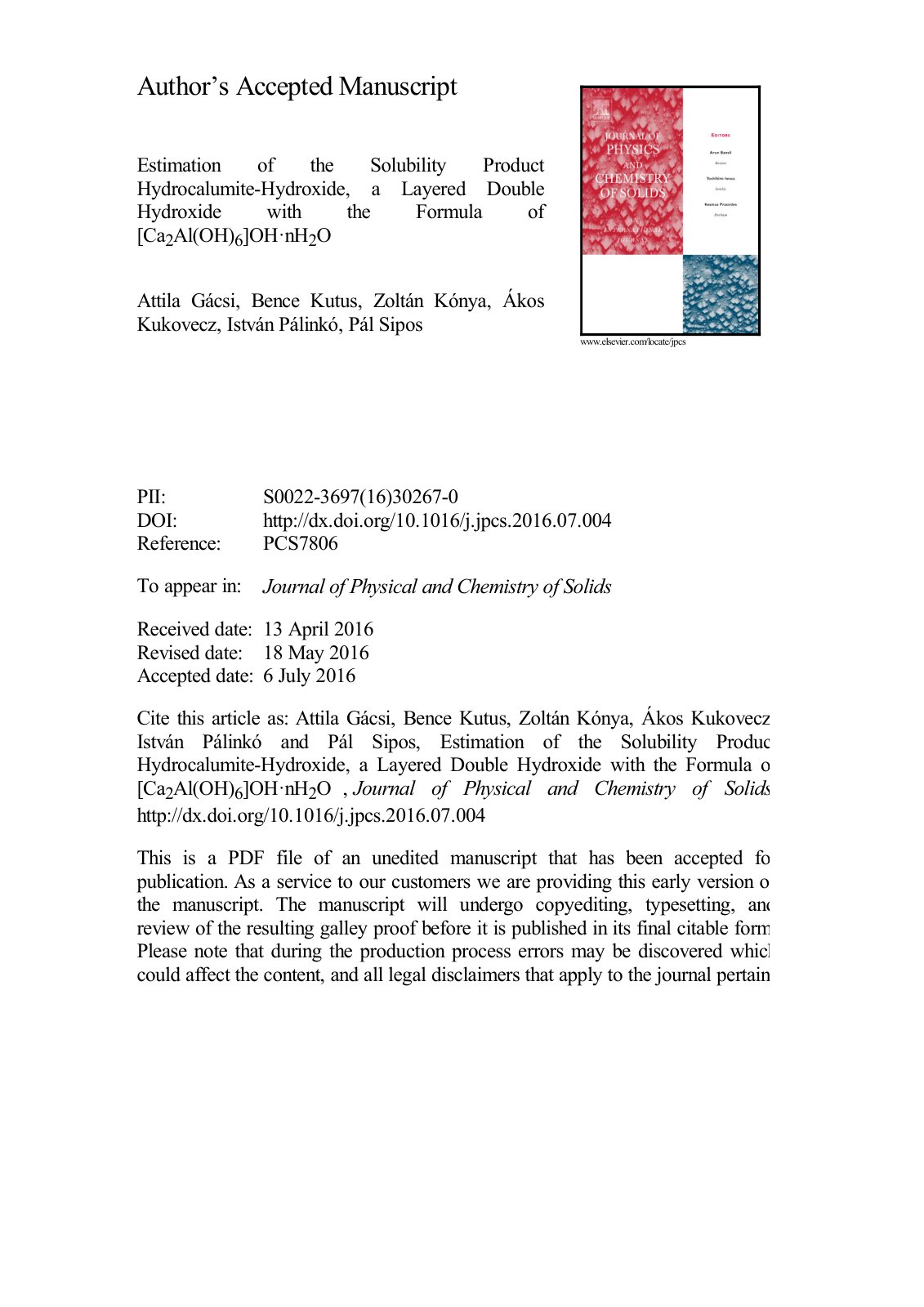 First page of Estimation of the Solubility Product Hydrocalumite-Hydroxide, a Layered Double Hydroxide with the Formula of [Ca2Al(OH)6]OH·nH2O
