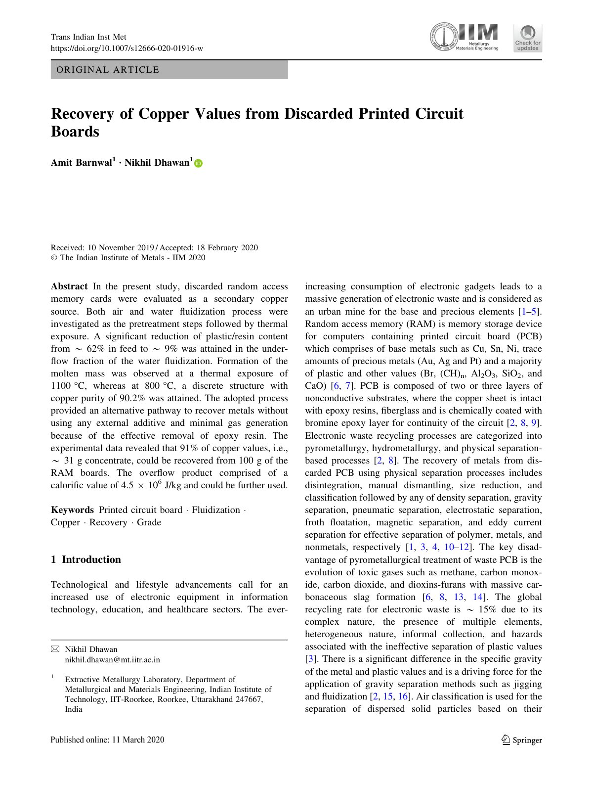 First page of Recovery of Copper Values from Discarded