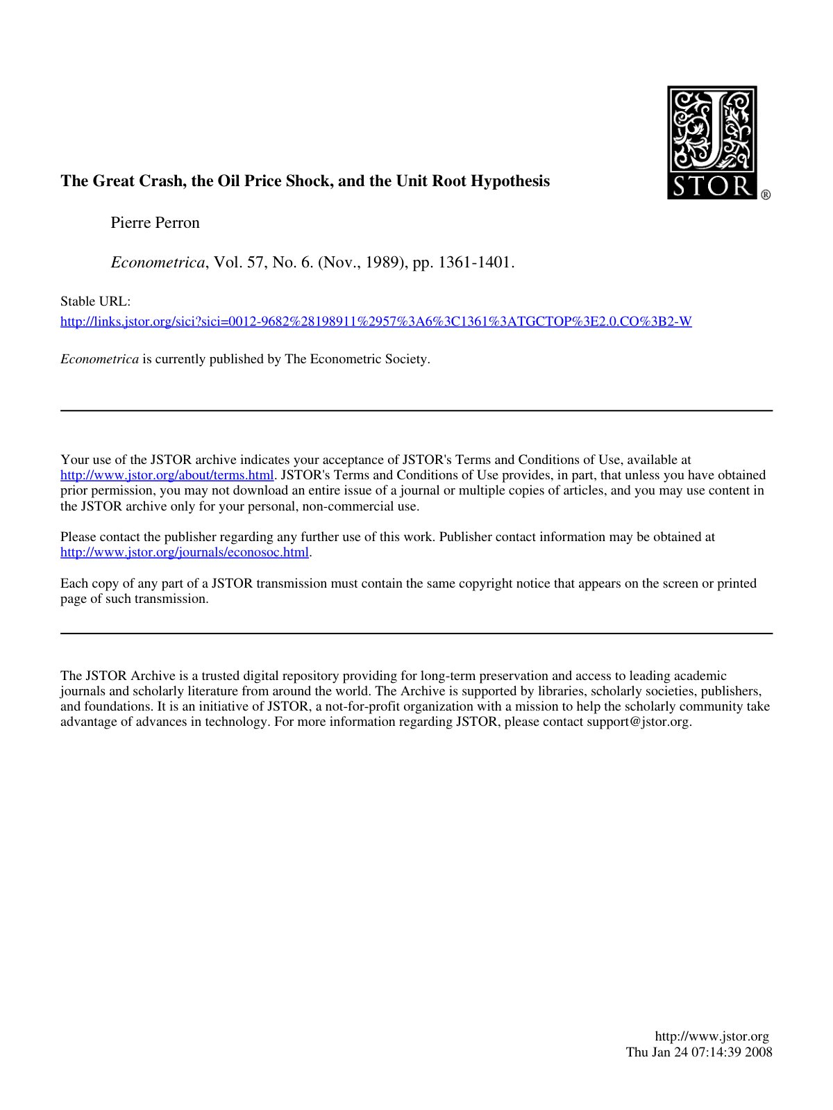 First page of The Great Crash, the Oil Price Shock, and the Unit Root Hypothesis