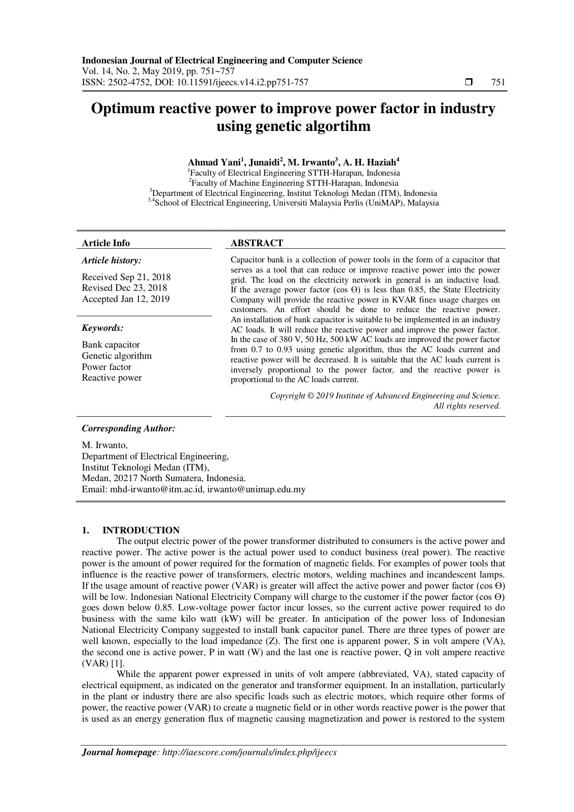 First page of Optimum reactive power to improve power