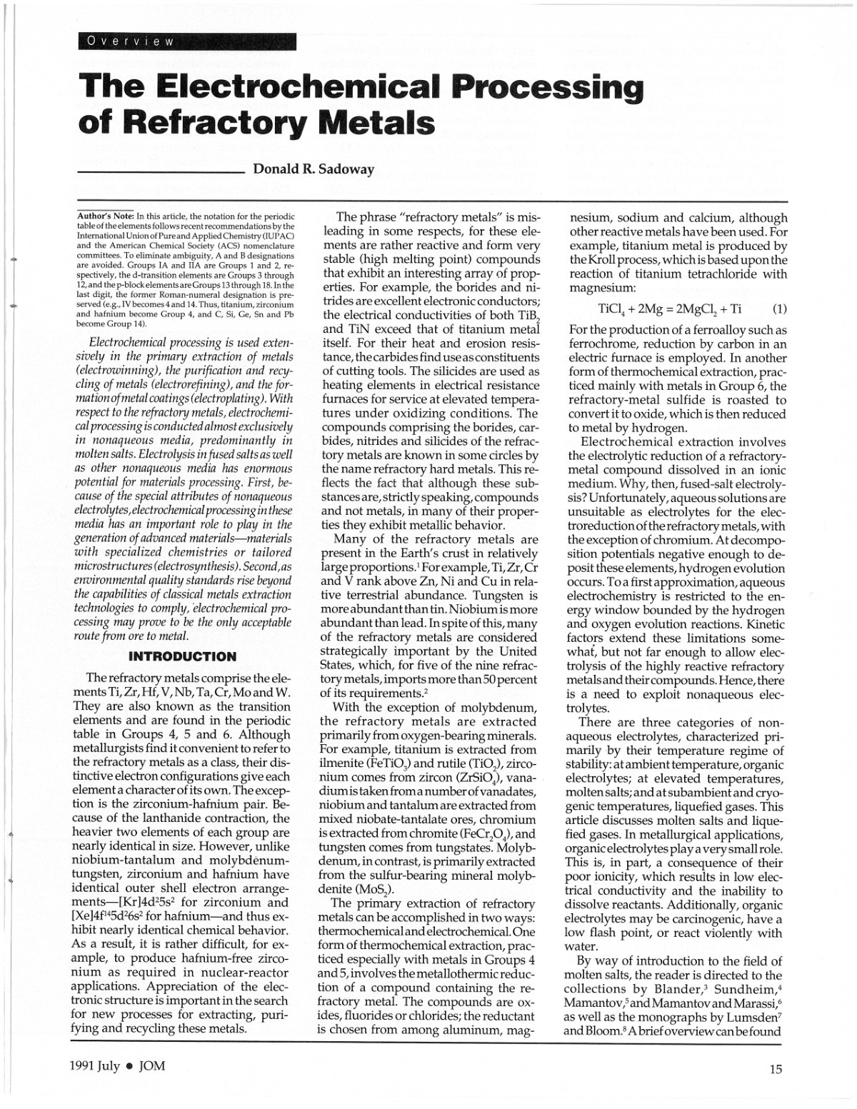 First page of The Electrochemical Processing of Refractory Metals