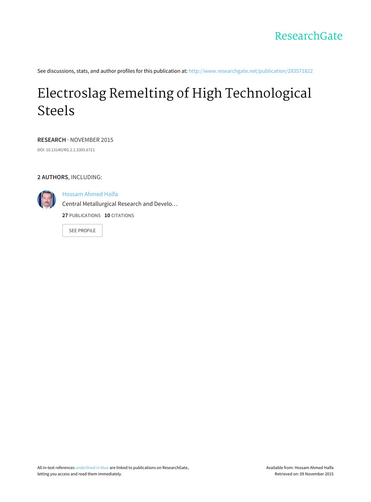 First page of Electroslag Remelting of High Technologi