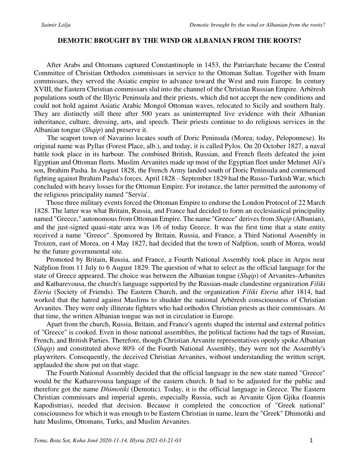 First page of Demotic brought by the wind or Shqip fro
