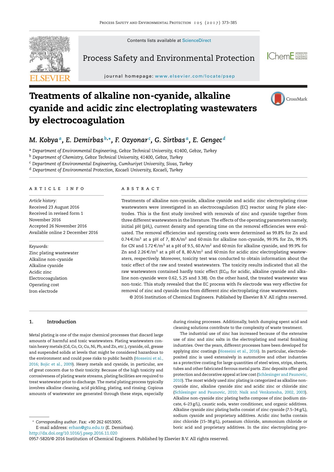 First page of Treatments of alkaline non-cyanide, alkaline cyanide and acidic zinc electroplating wastewaters by electrocoagulation