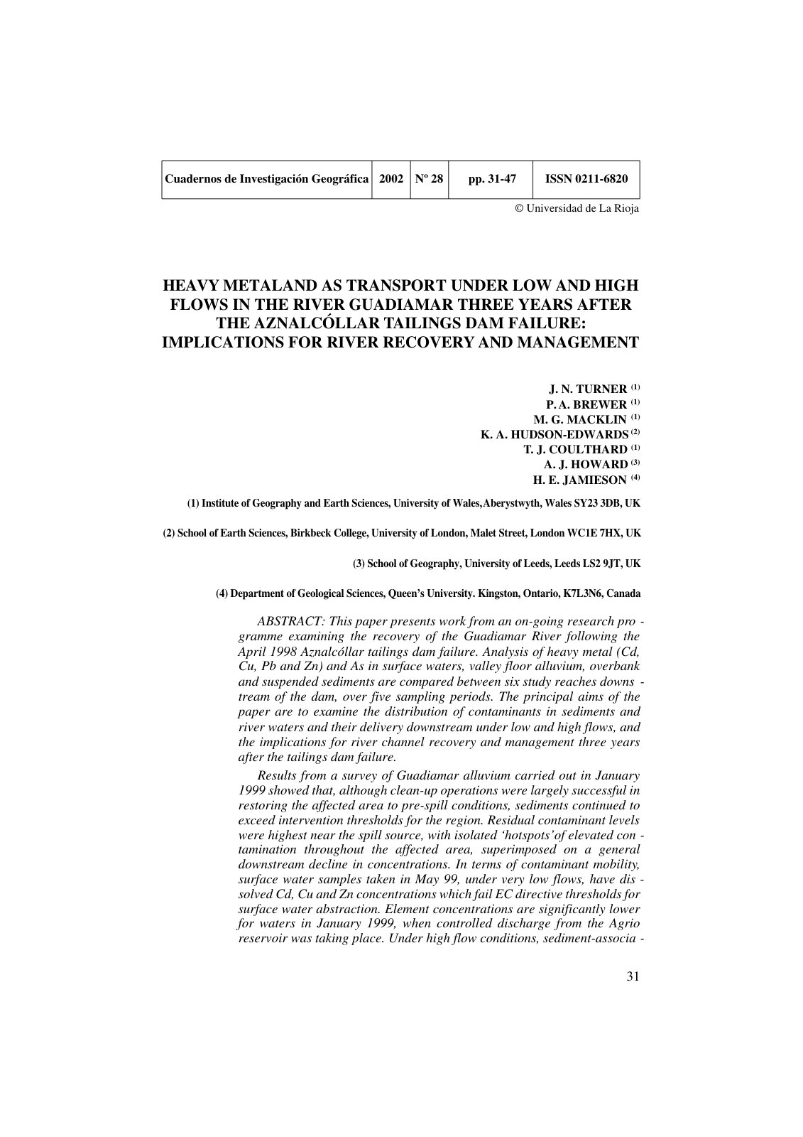 First page of HEAVYMETALAND AS TRANSPORT UNDER LOW AND HIGH FLOWS IN THE RIVER GUADIAMAR THREE YEARS AFTER THE AZNALCÓLLAR TAILINGS DAM FAILURE: IMPLICATIONS FOR RIVER RECOVERY AND MANAGEMENT