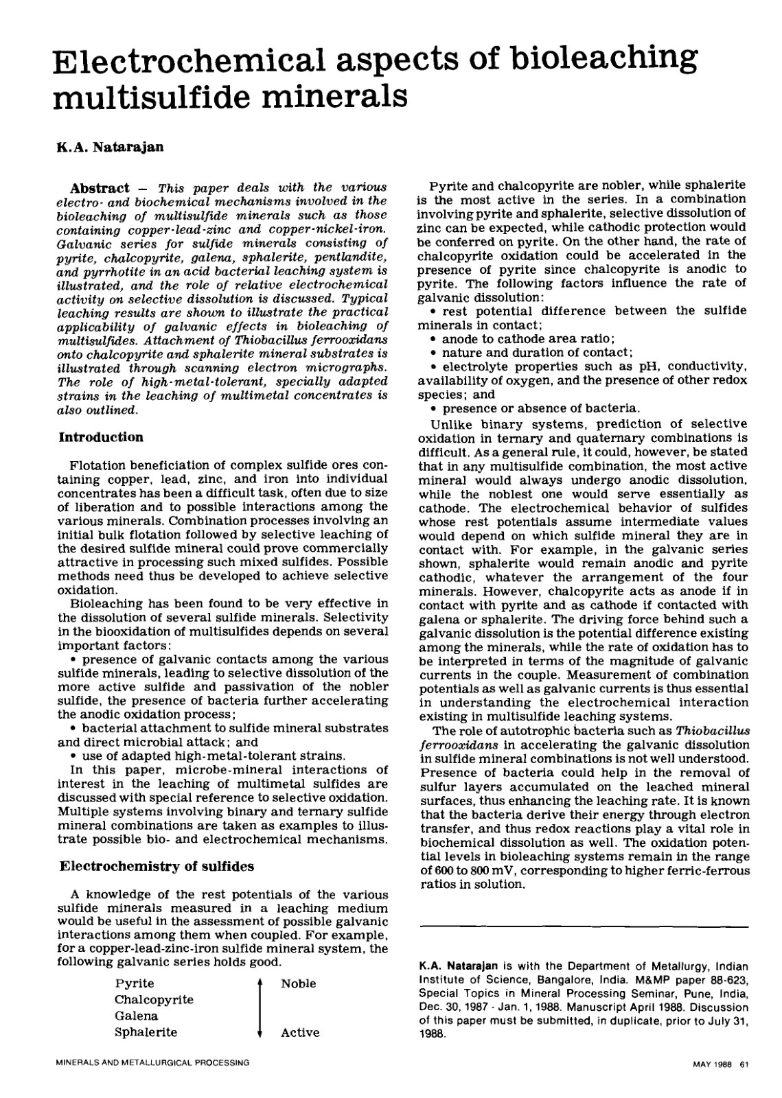 First page of Electrochemical aspects of bioleaching multisulfide minerals