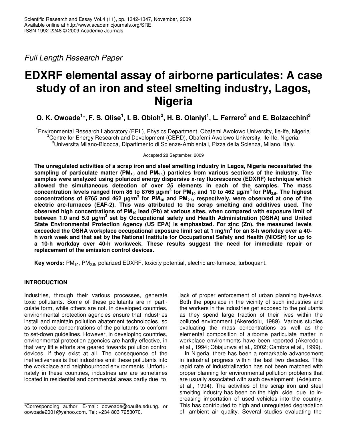 First page of EDXRF elemental assay of airborne particulates: A case study of an iron and steel smelting industry, Lagos, Nigeria