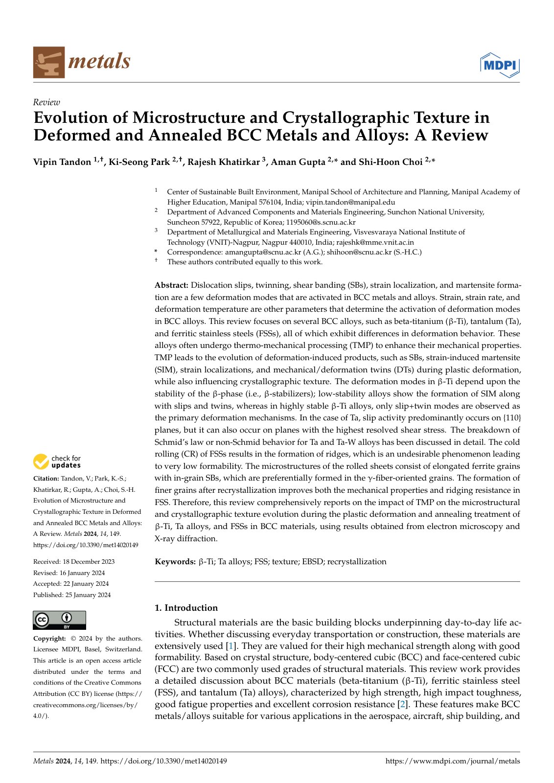 First page of Evolution of Microstructure and Crystallographic Texture in Deformed and Annealed BCC Metals and Alloys: A Review